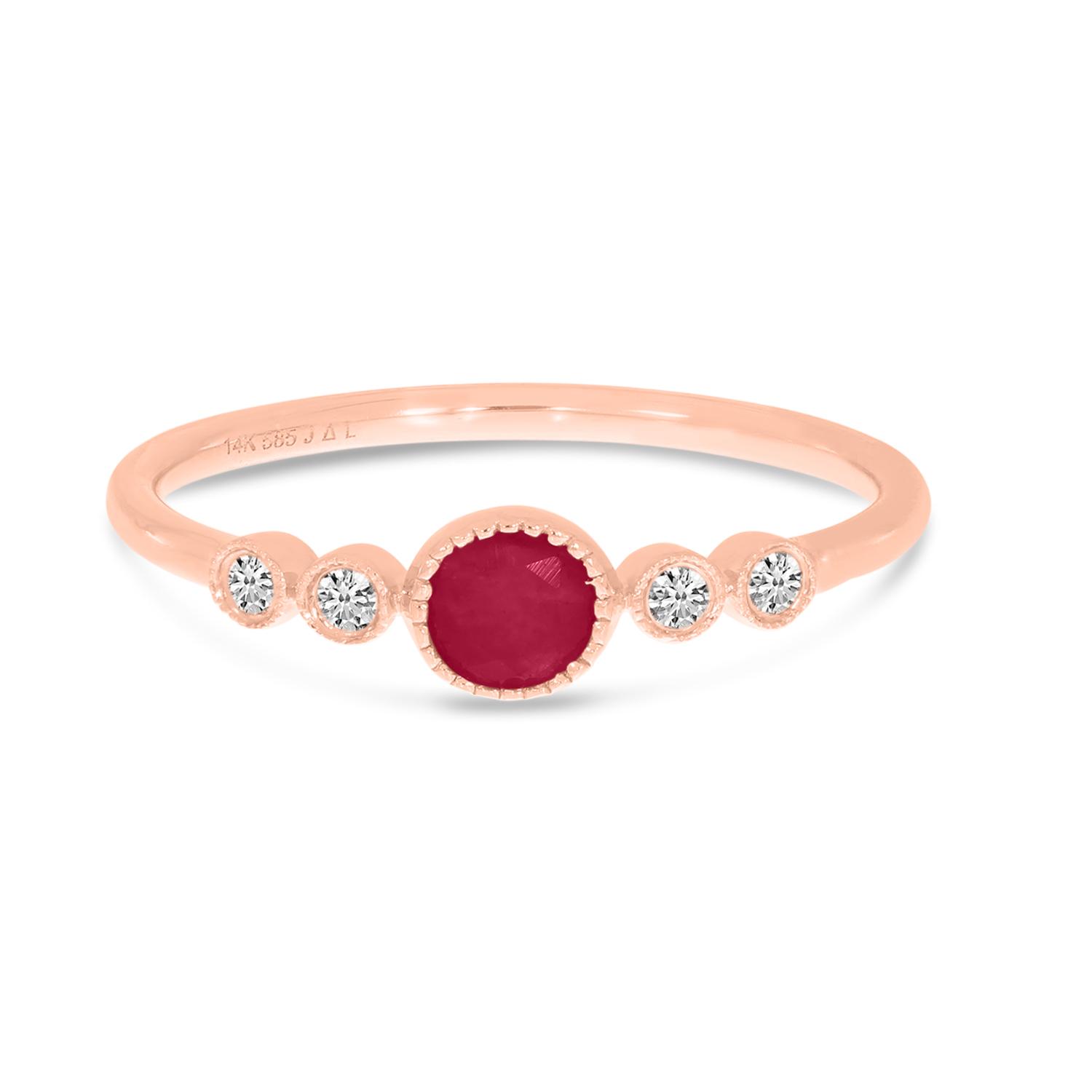 14K Rose Gold Round Ruby and Diamond Stackable Precious Birthstone Ring