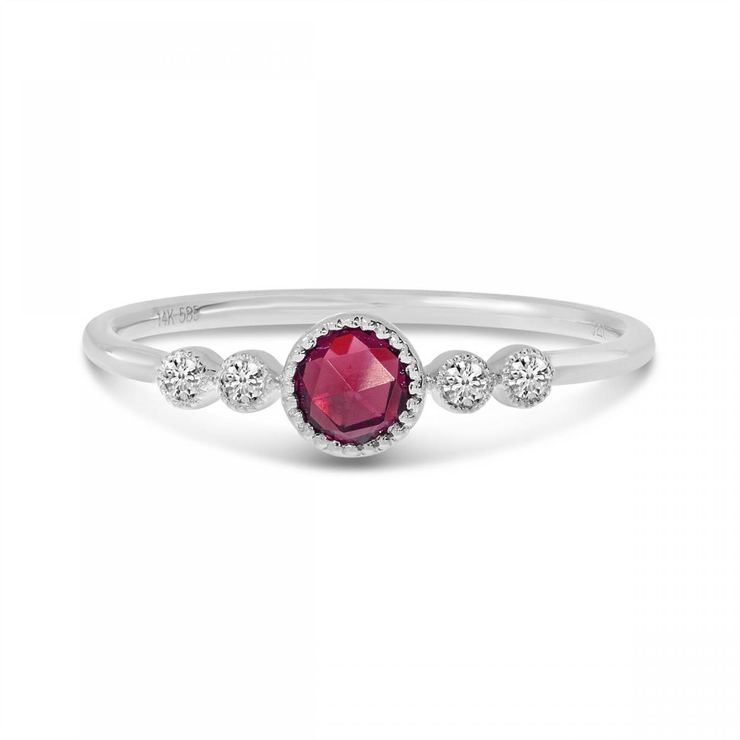 14K White Gold Round Ruby and Diamond Stackable Precious Birthstone Ring