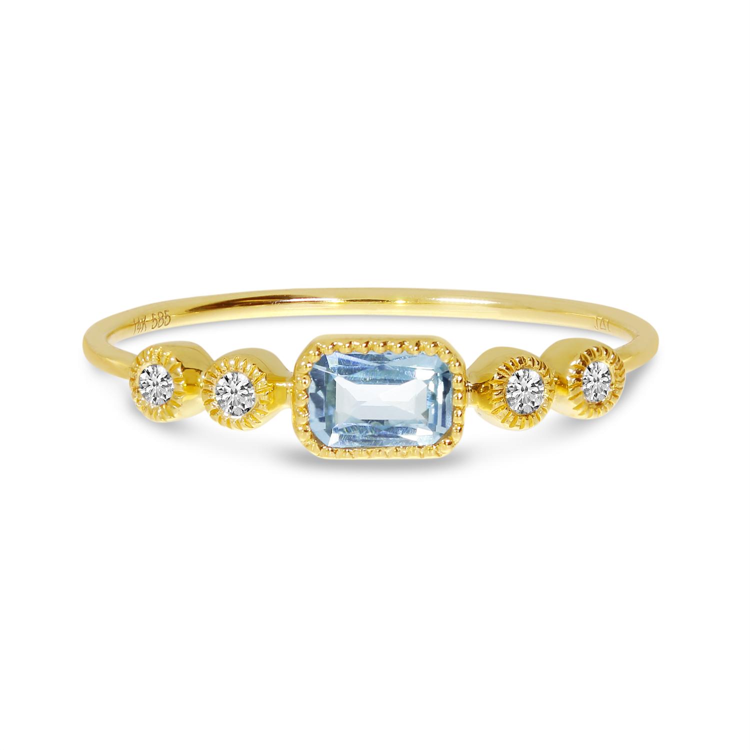 14K Yellow Gold Octagon Aquamarine and Diamond Stackable Semi Precious Ring