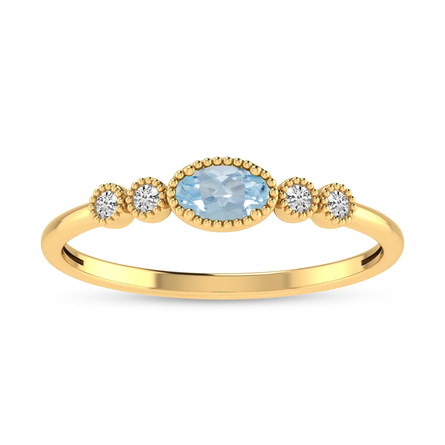 10K Yellow Gold Oval Aquamarine and Diamond Stackable Ring