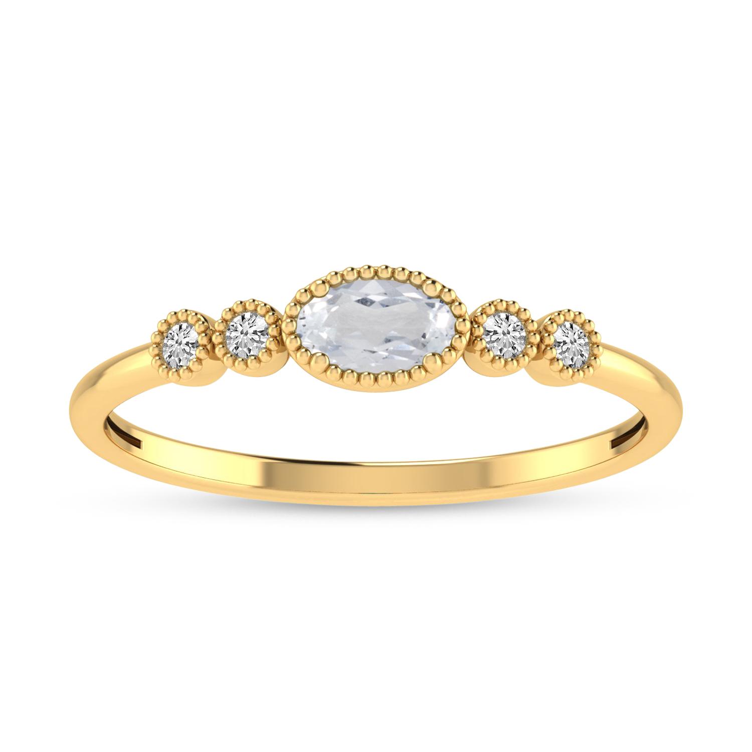 10K Yellow Gold Oval White Topaz and Diamond Stackable Ring