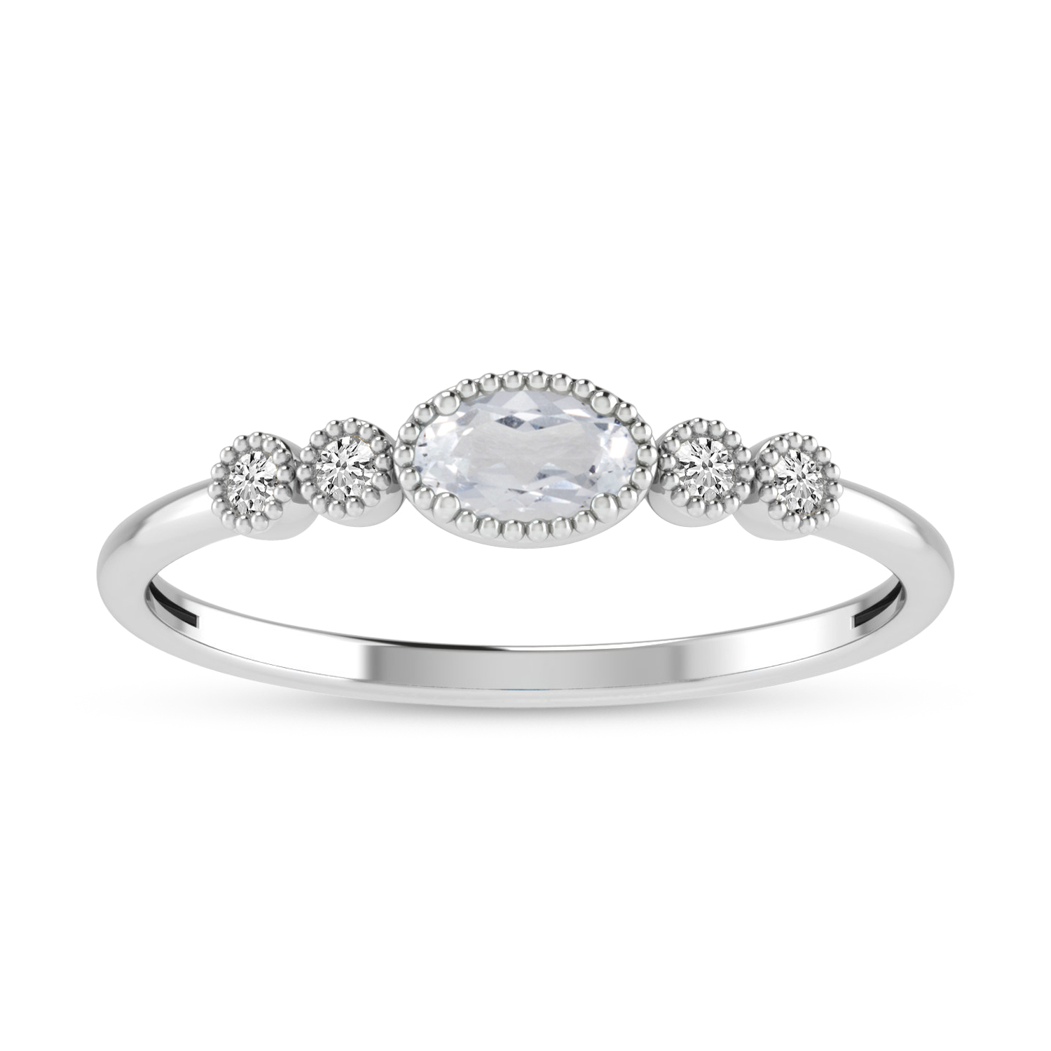 10K White Gold Oval White Topaz and Diamond Stackable Ring