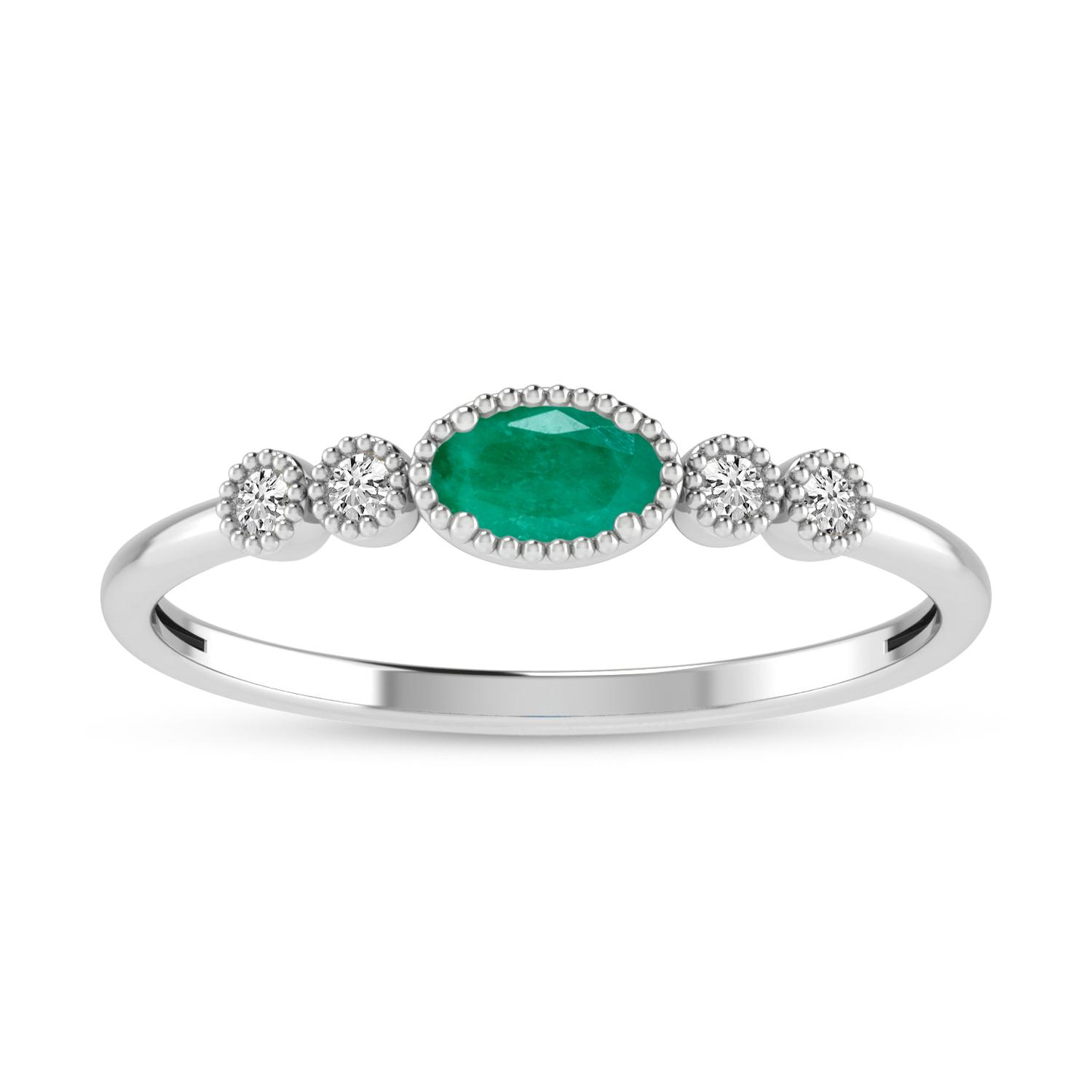 10K White Gold Oval Emerald and Diamond Stackable Ring