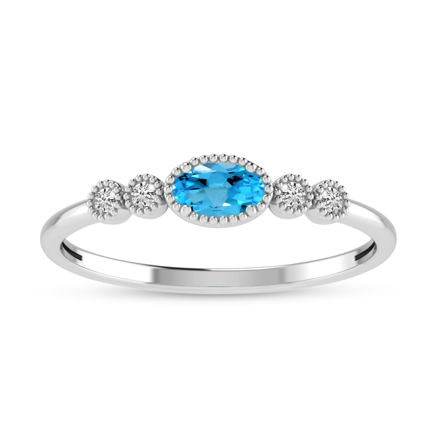 10K White Gold Oval Blue Topaz and Diamond Stackable Ring