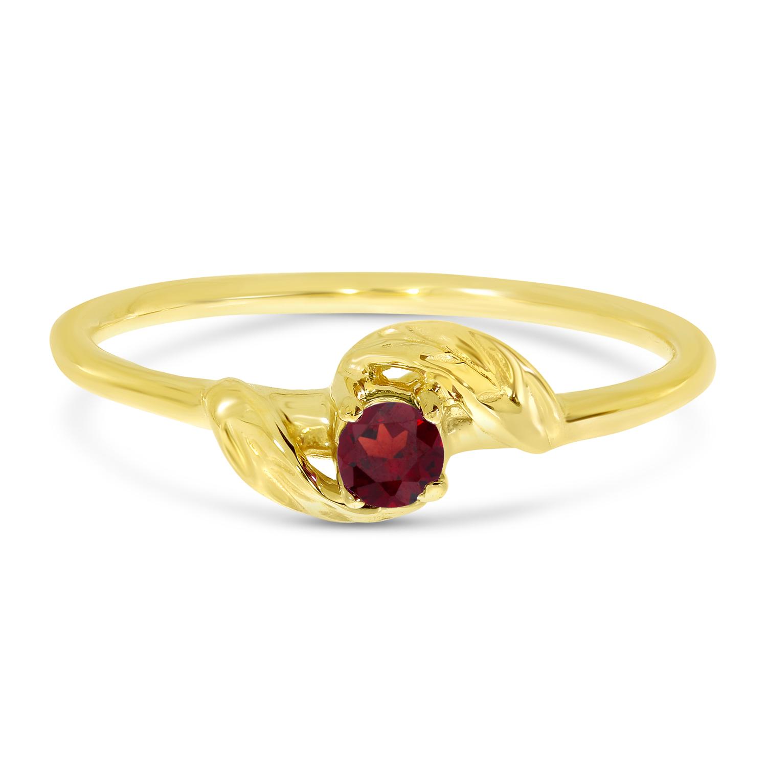 14K Yellow Gold Round Garnet Leaf Birthstone Ring