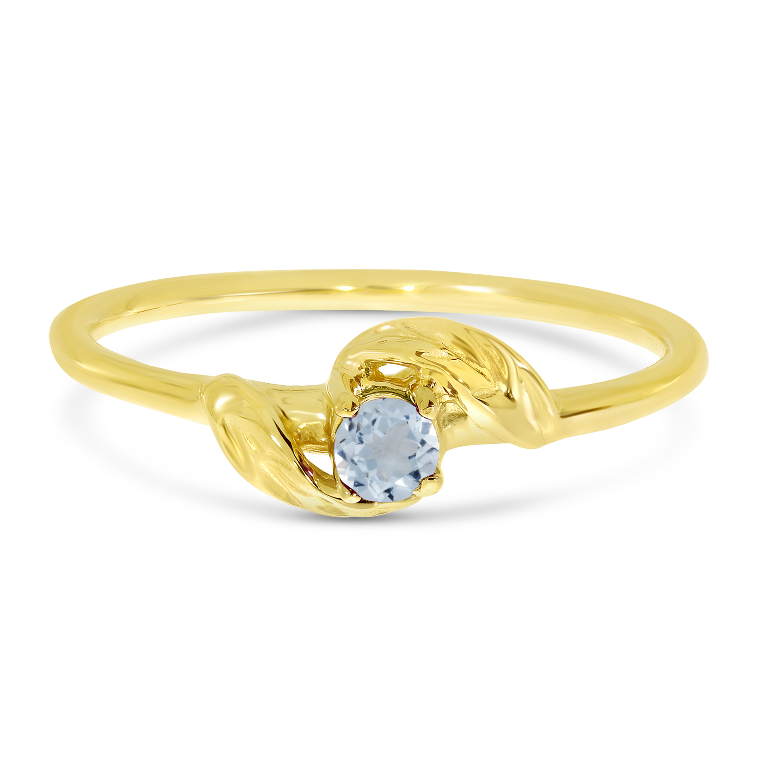 14K Yellow Gold 3mm Round Aquamarine Birthstone Leaf Ring