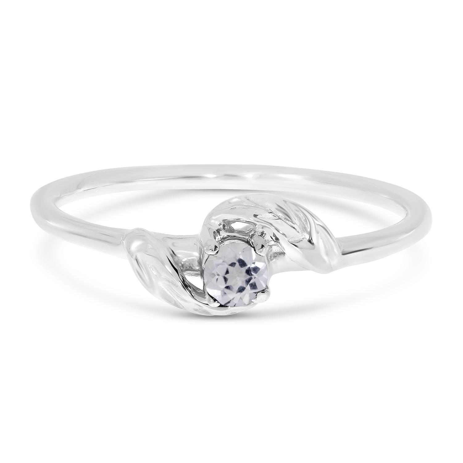 14K White Gold Round White Topaz  Leaf Birthstone Ring