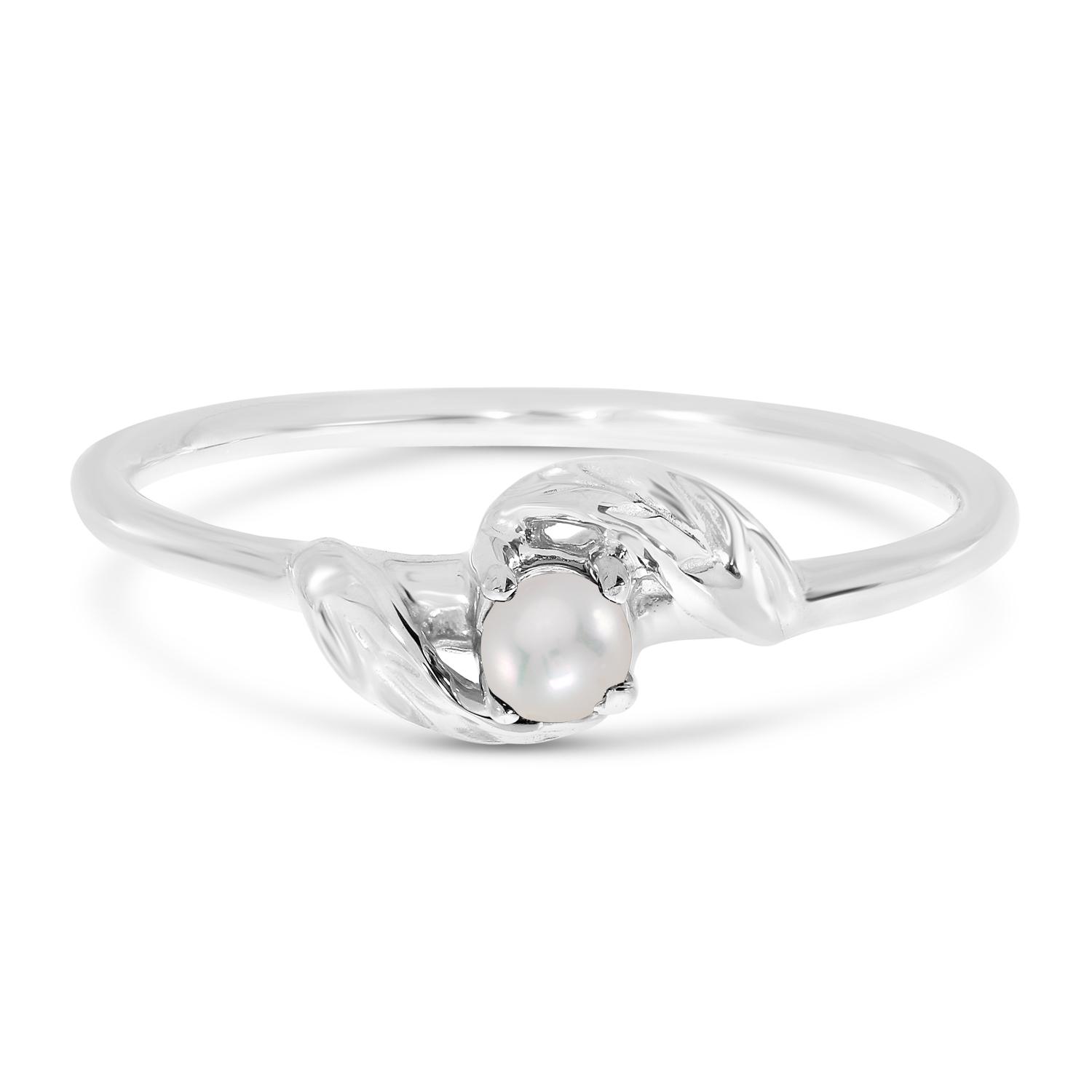 14K White Gold Round Pearl Leaf Birthstone Ring