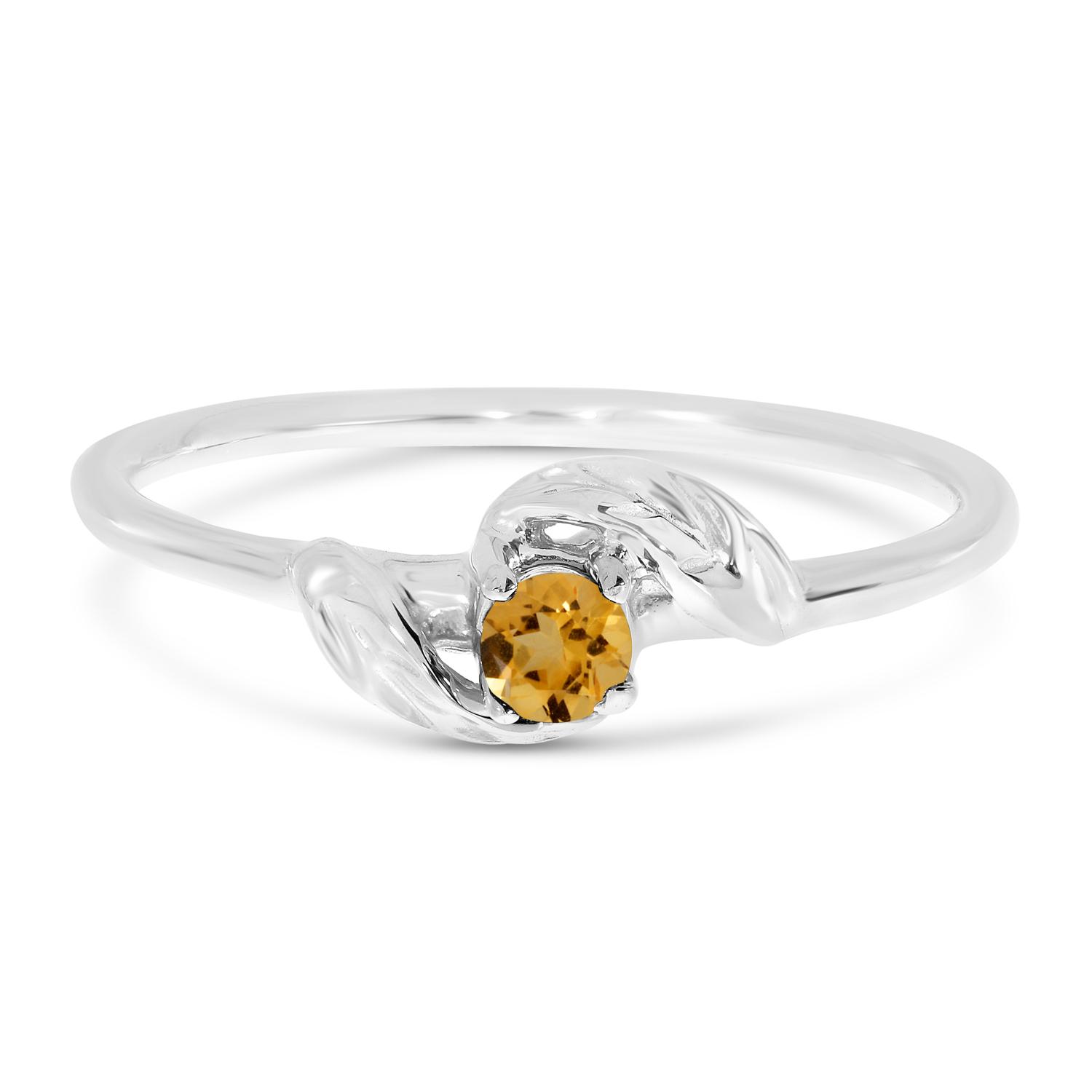 14K White Gold Round Citrine  Leaf Birthstone Ring