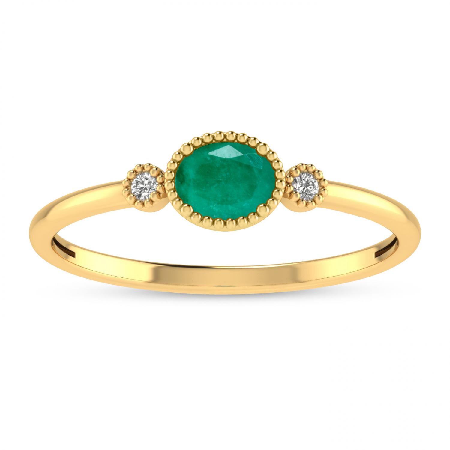 10K Yellow Gold Oval Emerald Millgrain Birthstone Ring