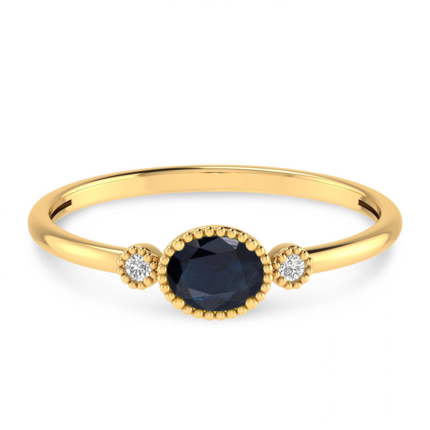 14K Yellow Gold Oval Sapphire Millgrain Birthstone Ring