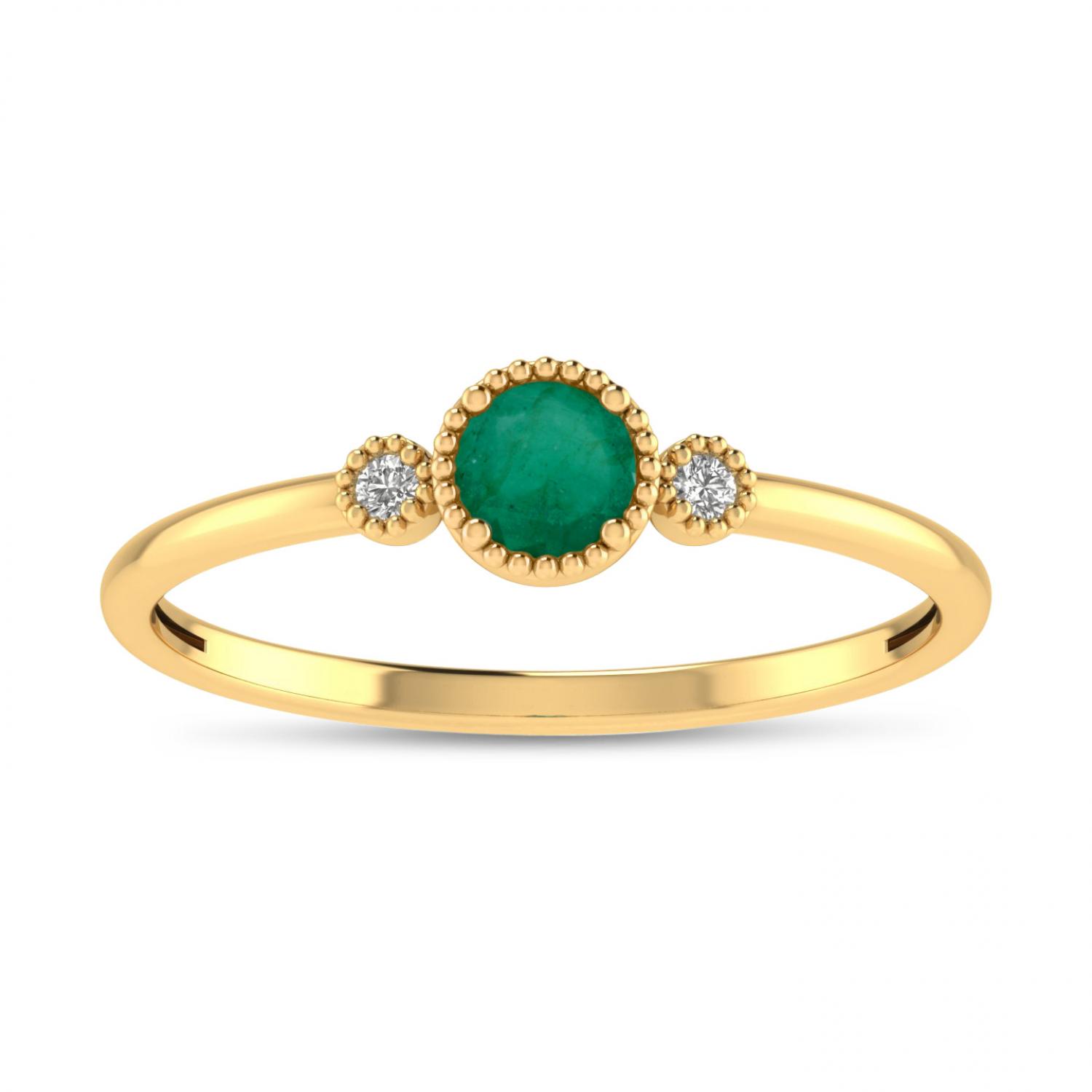 10K Yellow Gold 4mm Round Emerald Millgrain Birthstone Ring