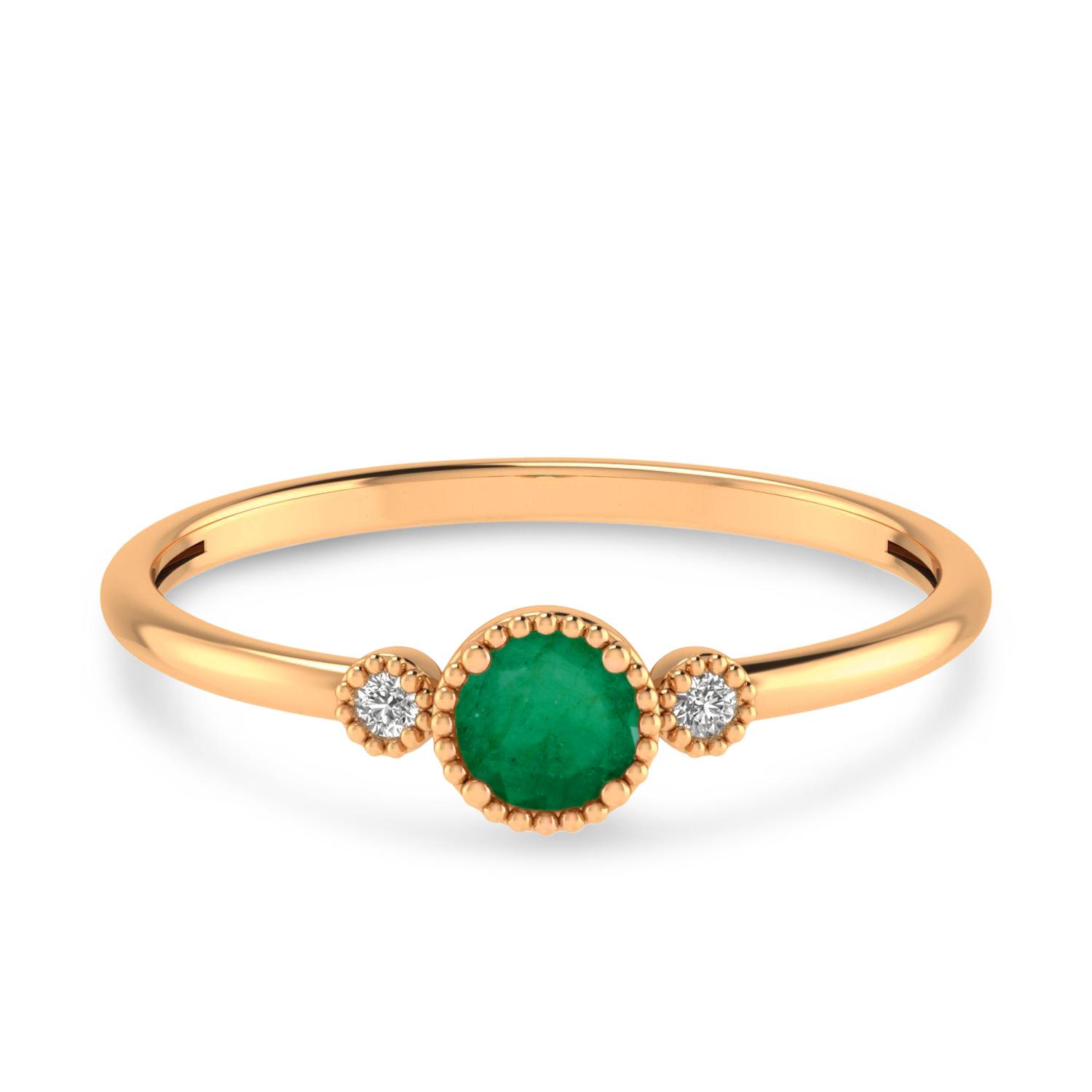 14K Rose Gold 4mm Round Emerald Millgrain Birthstone Ring