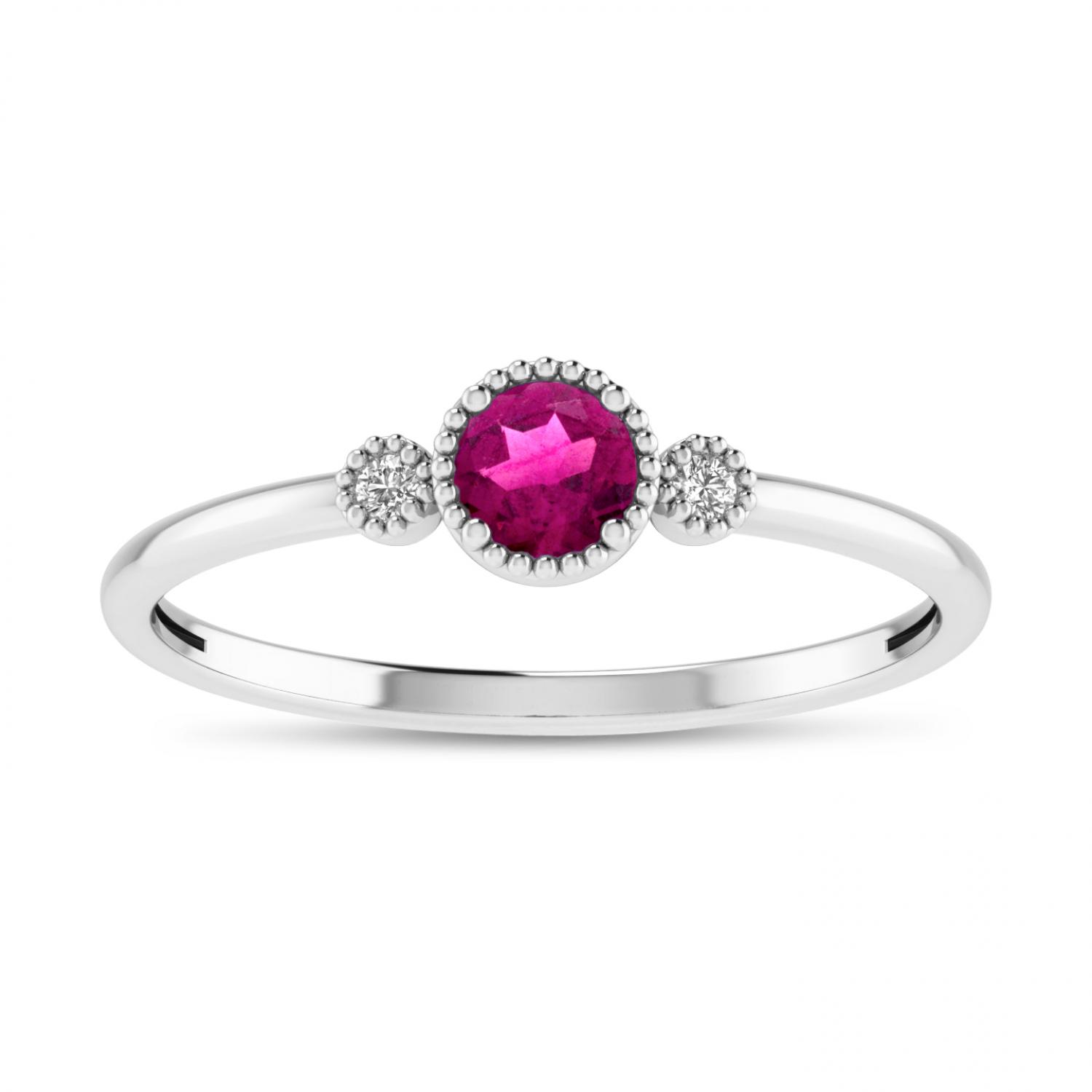 14K White Gold 4mm Round Pink Tourmaline and Diamond Millgrain Birthstone Ring