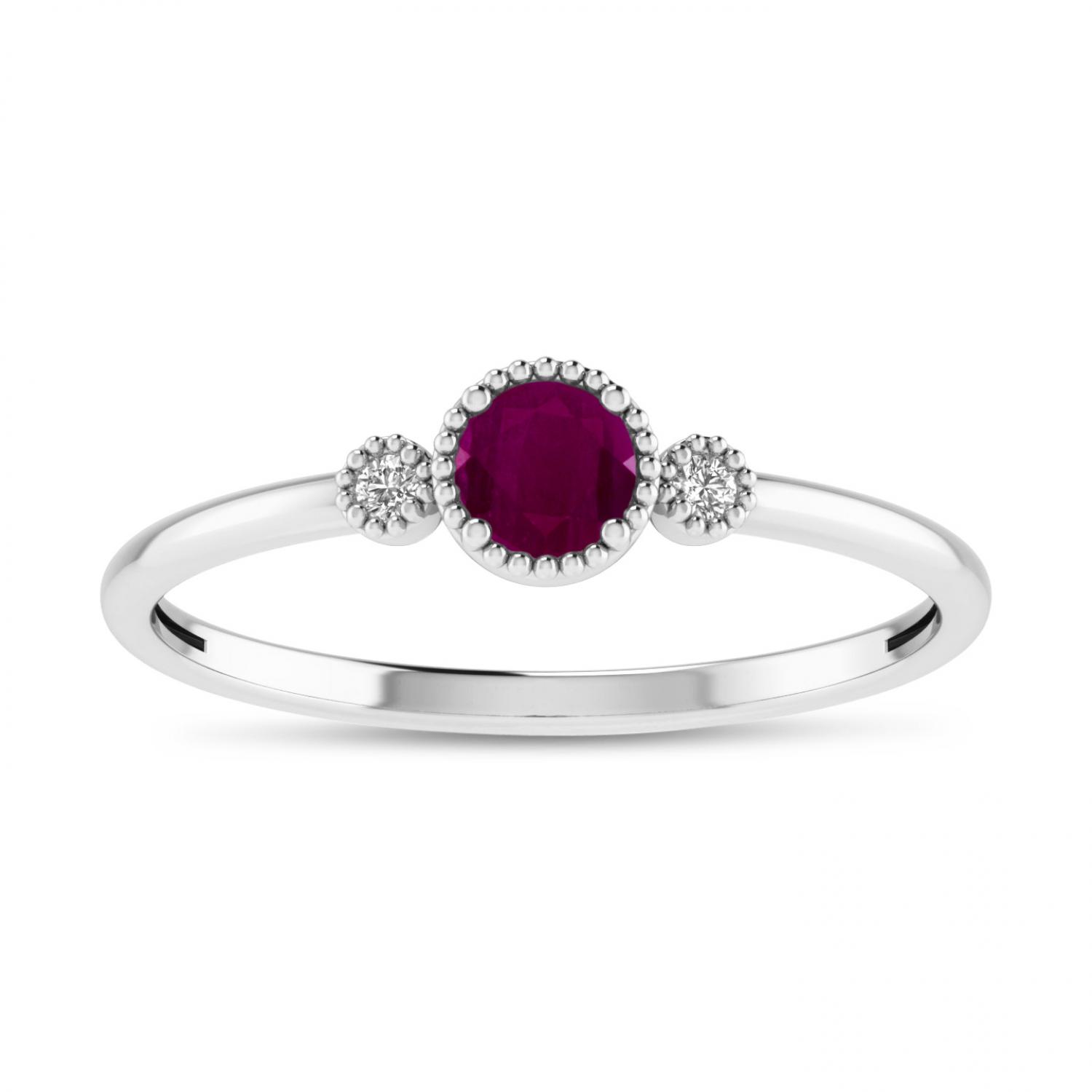 14K White Gold 4mm Round Ruby and Diamond Millgrain Birthstone Ring