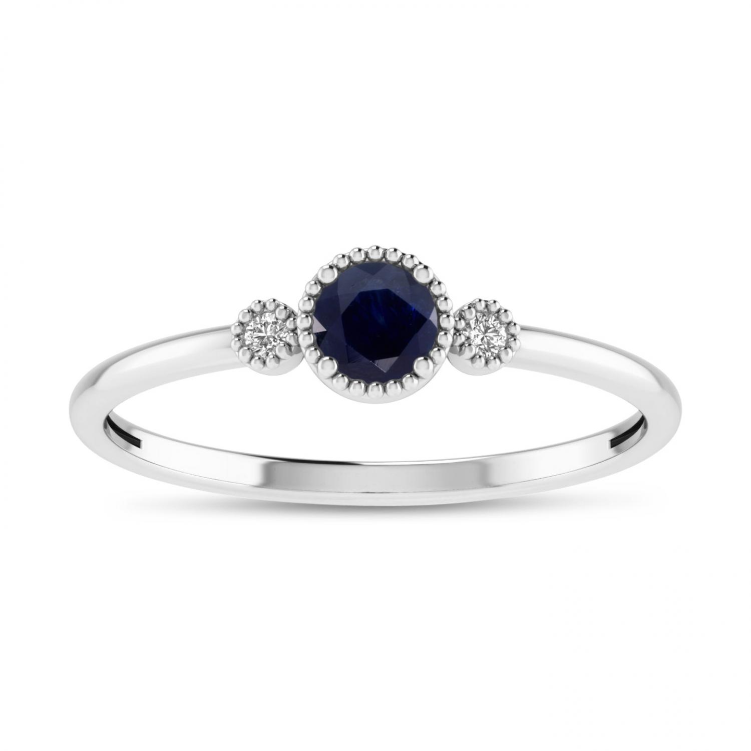 14K White Gold 4mm Round Sapphire and Diamond Millgrain Birthstone Ring