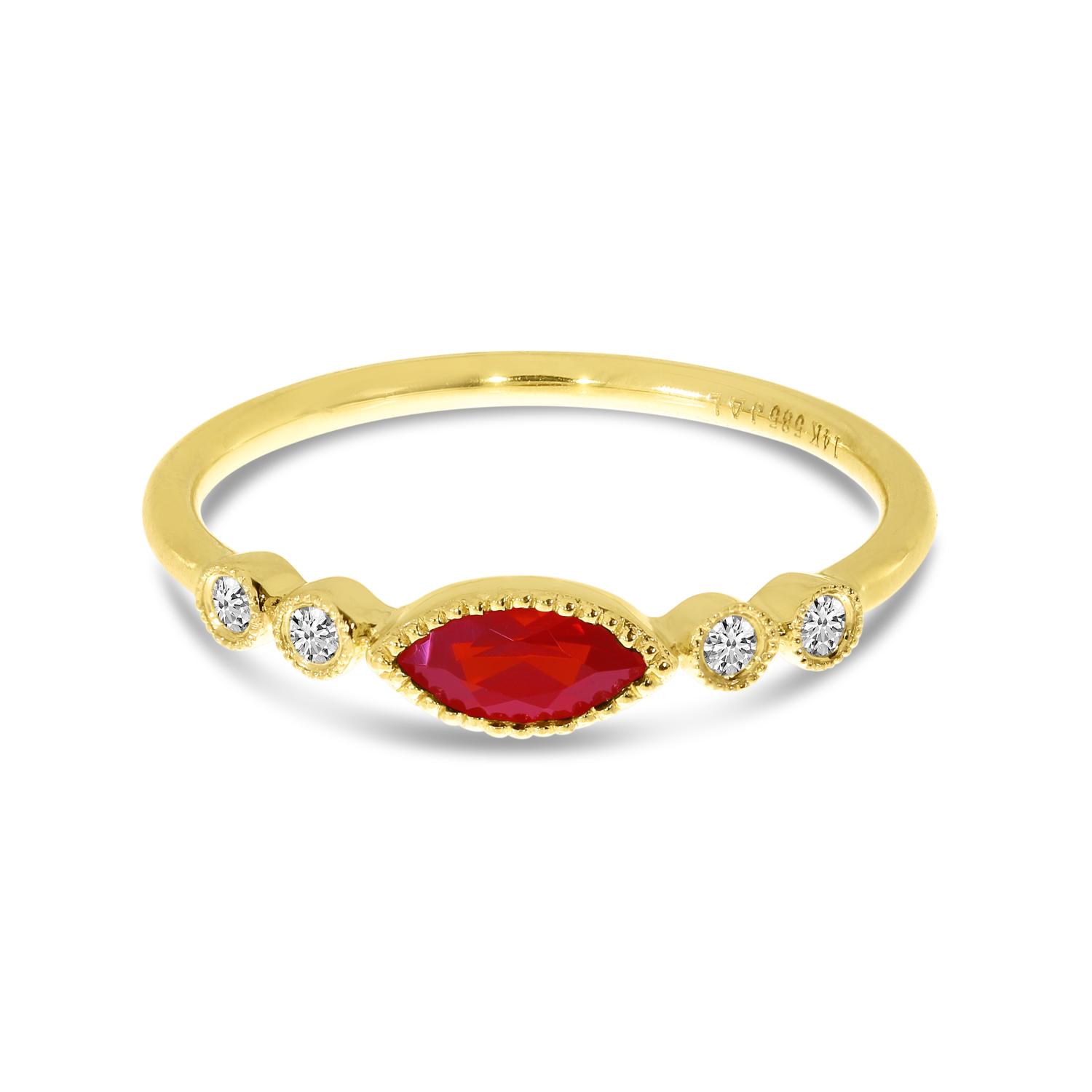 14K Yellow Gold 6x3 mm Marquise Ruby and Diamond Semi Precious Stackable Ring