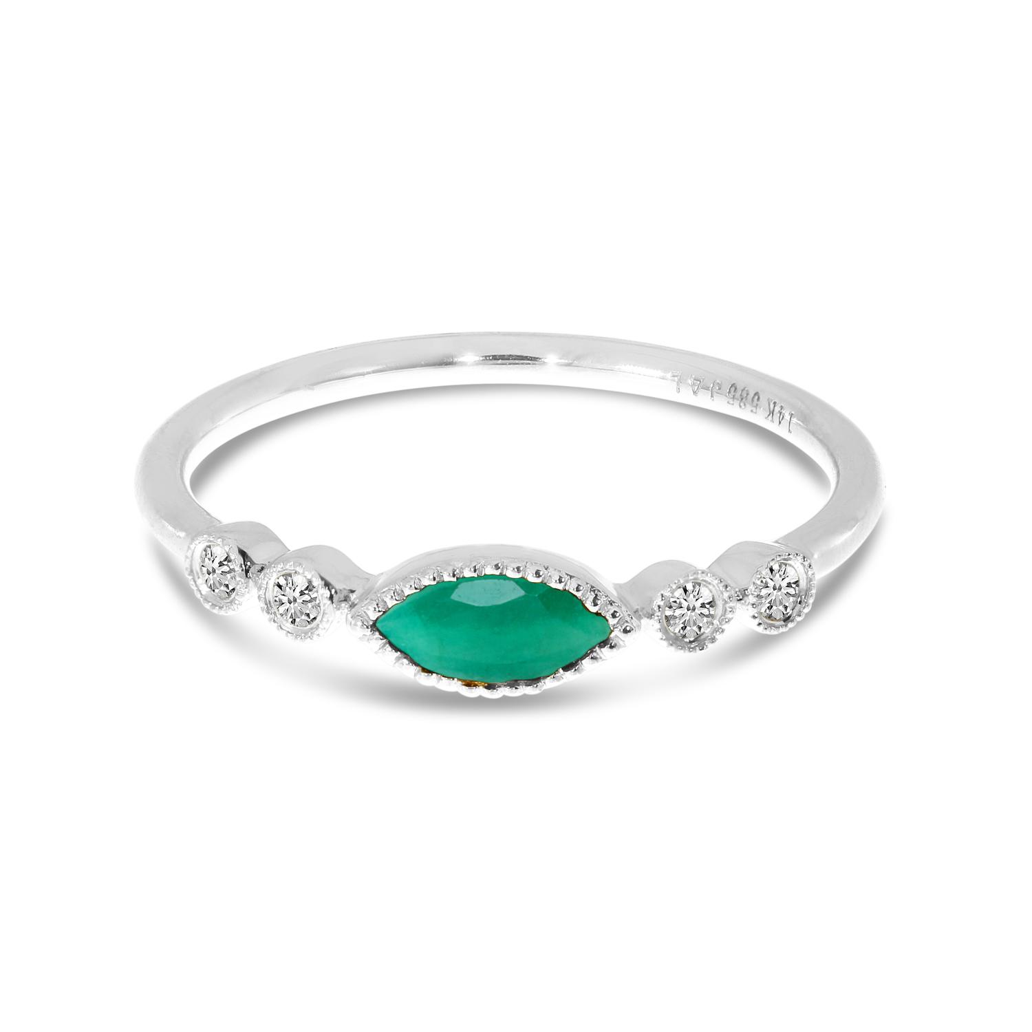 14K White Gold 6x3 mm Marquise Emerald and Diamond Semi Precious Stackable Ring