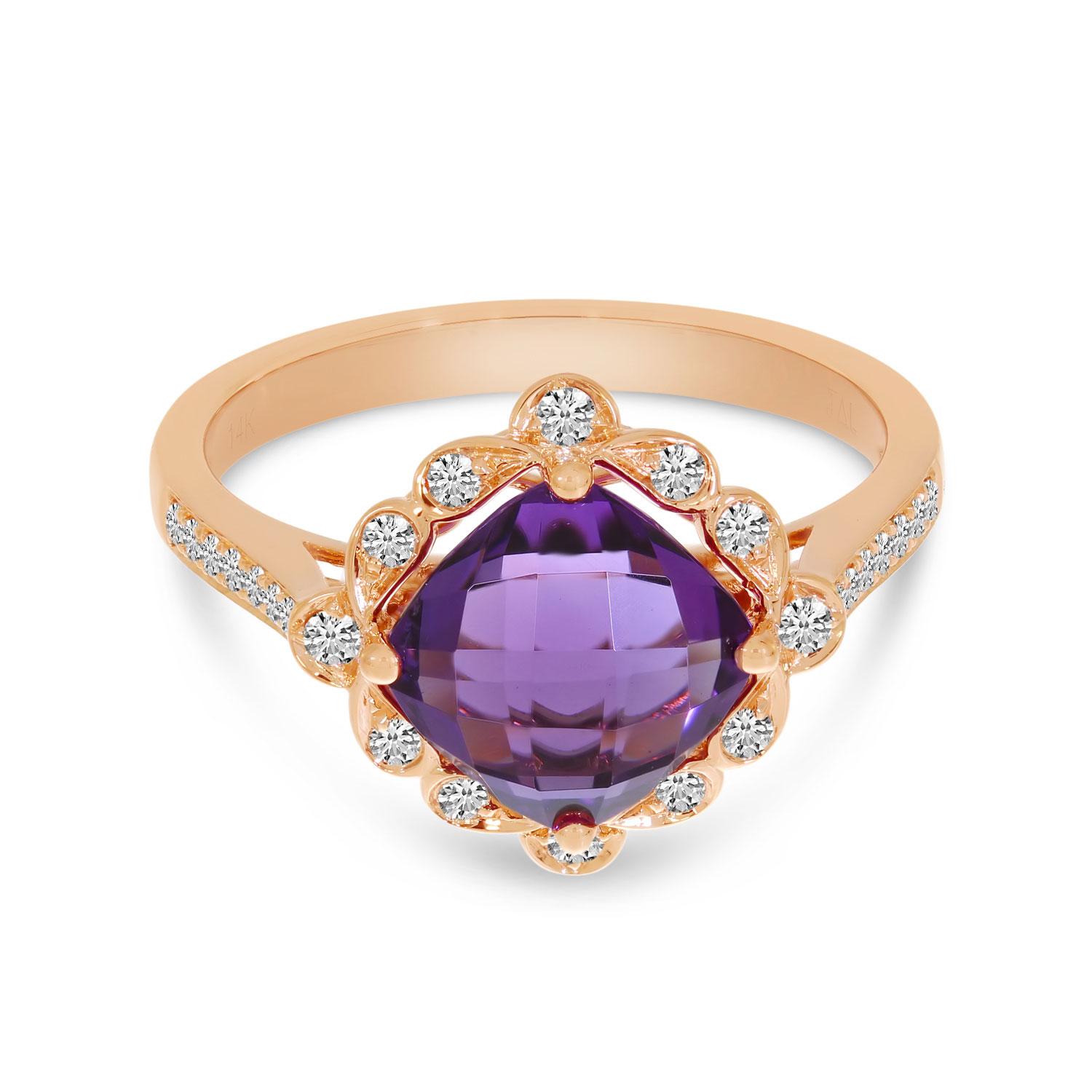 14K Rose Gold Cushion Amethyst and Diamond Ring