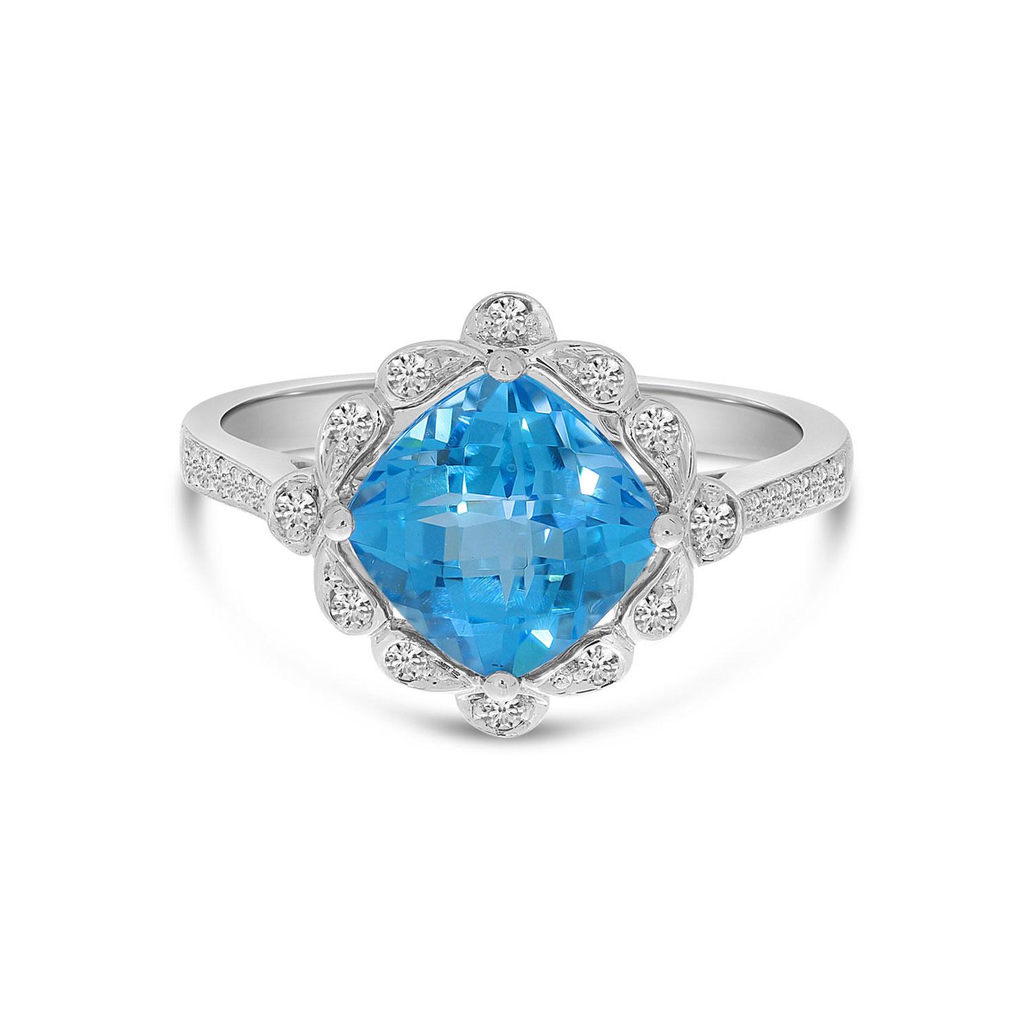 14K White Gold Cushion Blue Topaz and Diamond Ring