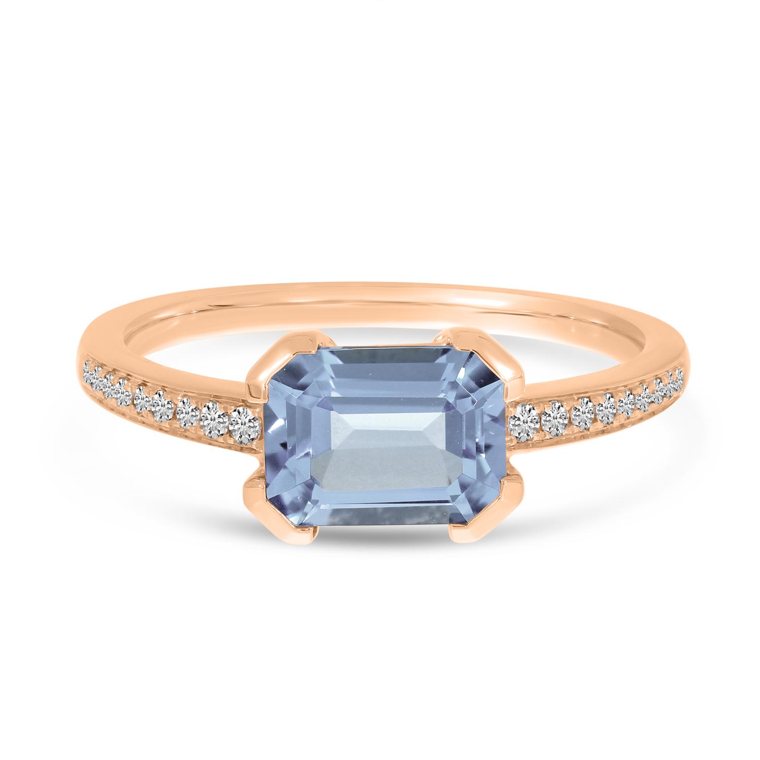 14K Rose Gold Aquamarine Semi Precious Emerald-Cut Pave Ring