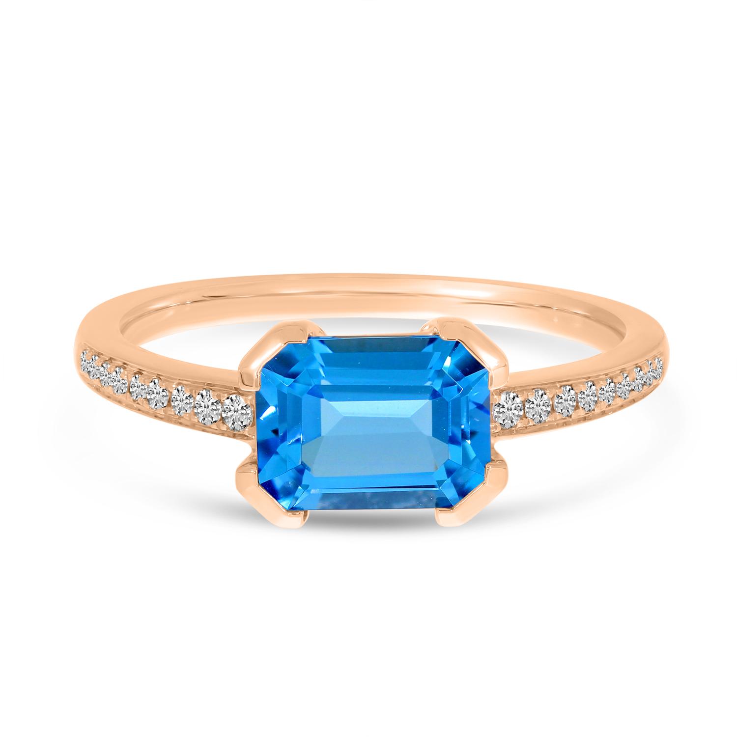 14K Rose Gold Blue Topaz Semi Precious Emerald-Cut Pave Ring