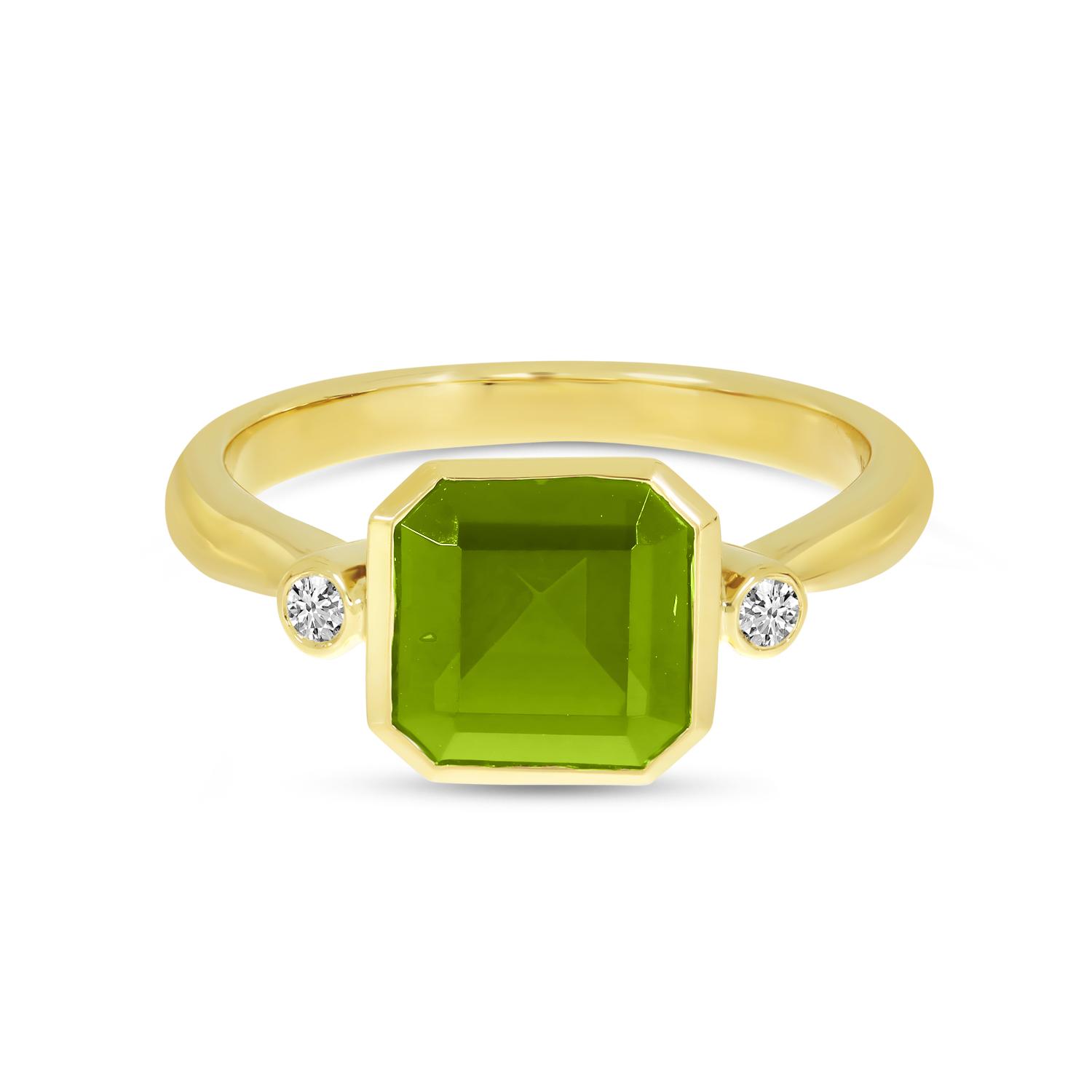 14K Yellow Gold Peridot Semi  Precious Square Gold Halo Ring