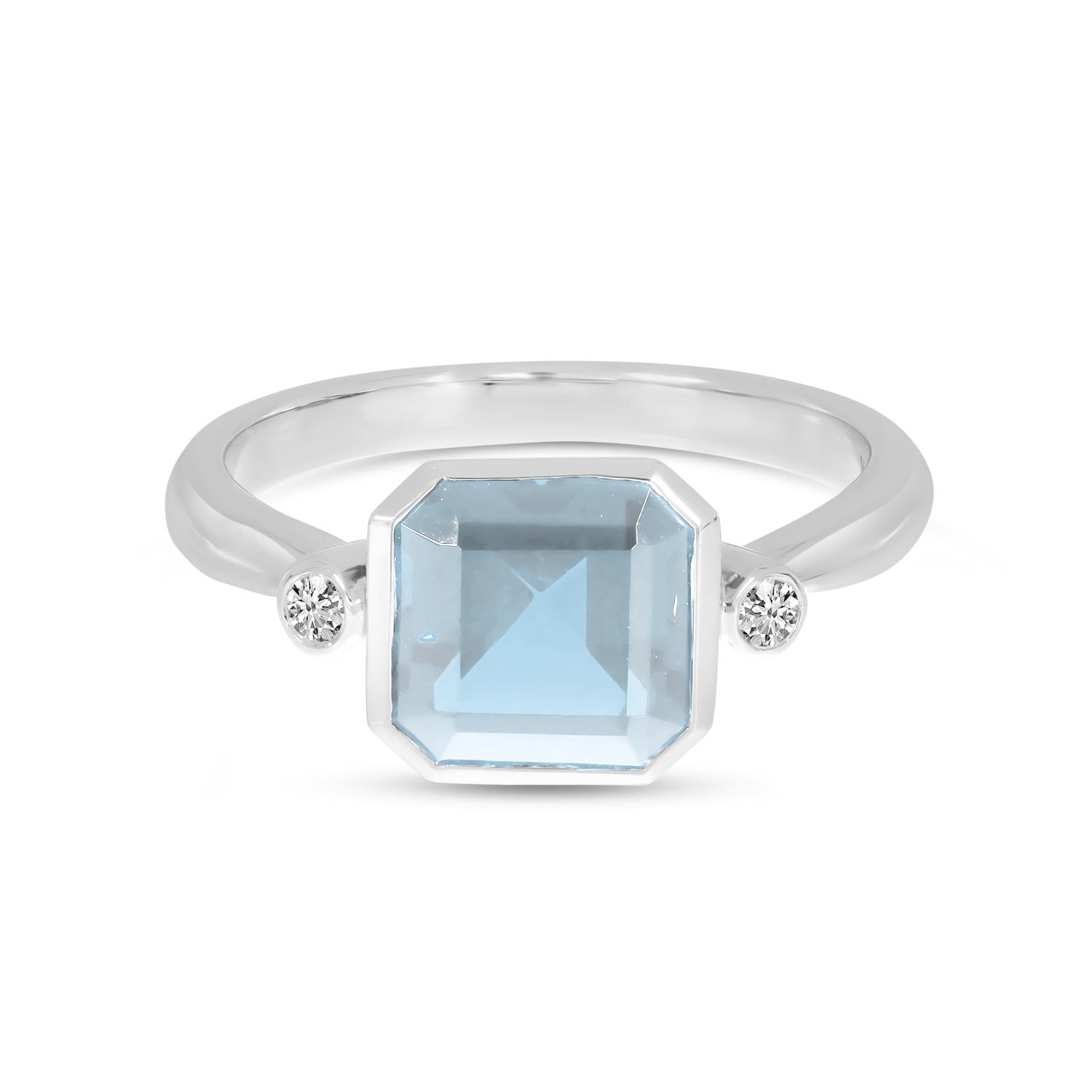 14K White Gold Aquamarine Semi Precious Square Gold Halo Ring