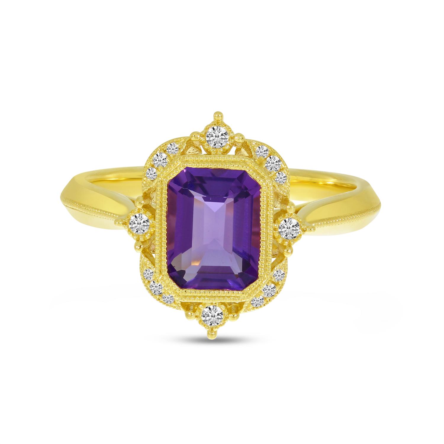 14K Yellow Gold Emerald Cut Amethyst Semi Precious Millgrain Halo Ring