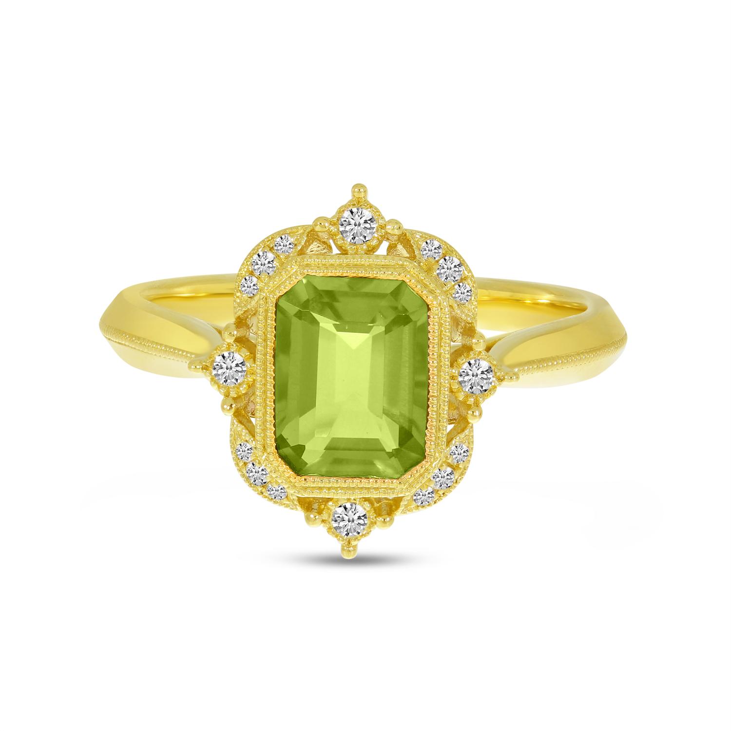 14K Yellow Gold Emerald Cut Peridot Semi Precious Millgrain Halo Ring