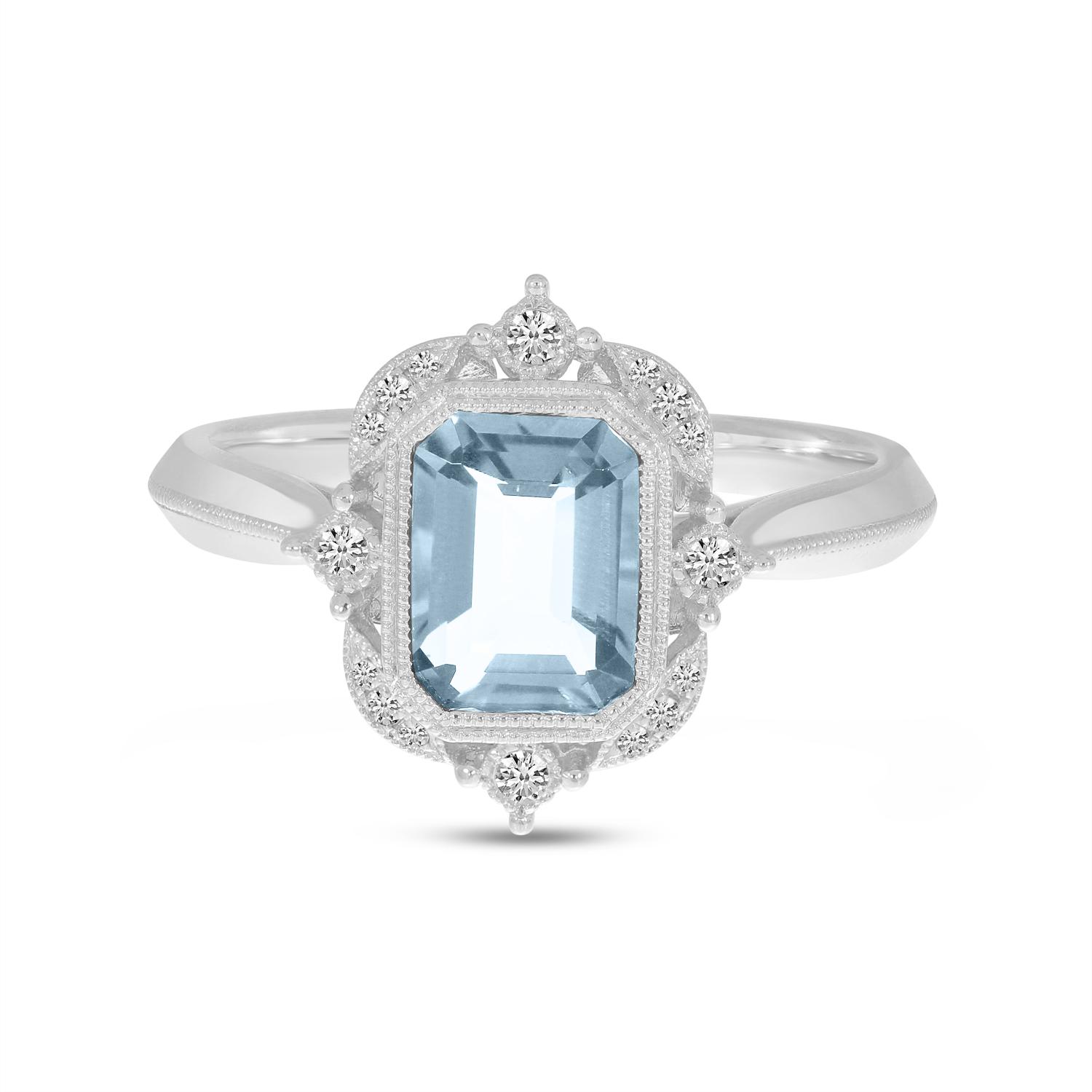 14K White Gold Emerald Cut Aquamarine Semi Precious Millgrain Halo Ring