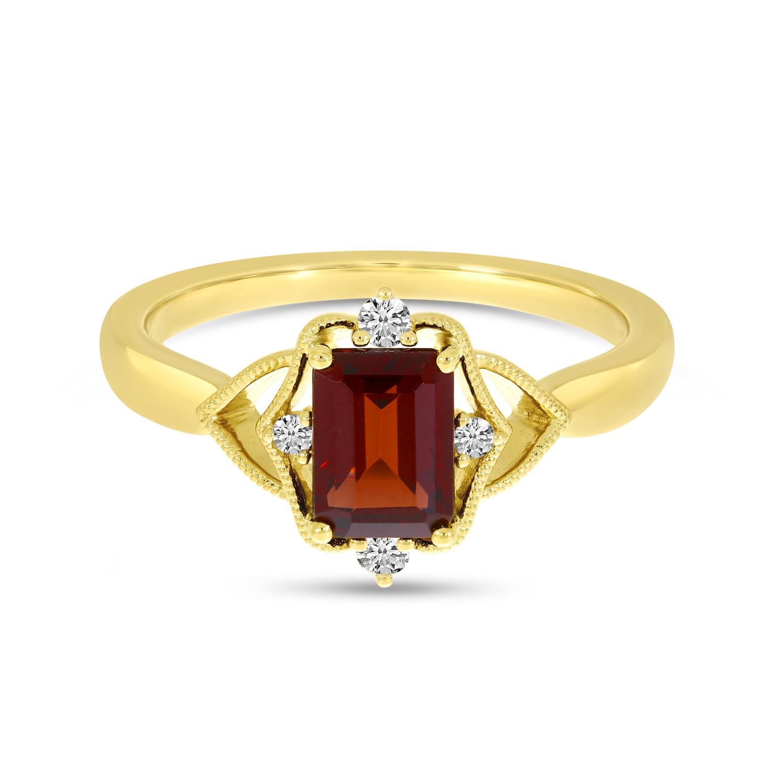 14K Yellow Gold Garnet Semi Precious Emerald-Cut Millgrain Halo Ring