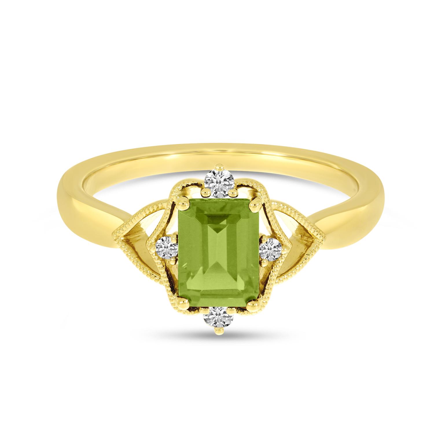 14K Yellow Gold Peridot Semi Precious Emerald-Cut Millgrain Halo Ring