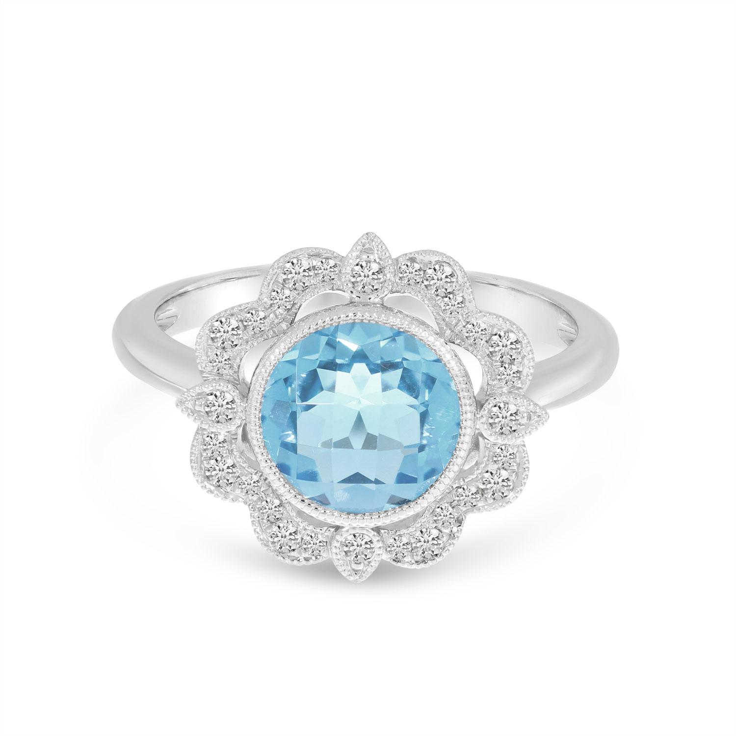 14K White Gold Round Aquamarine Millgrain Diamond Ring