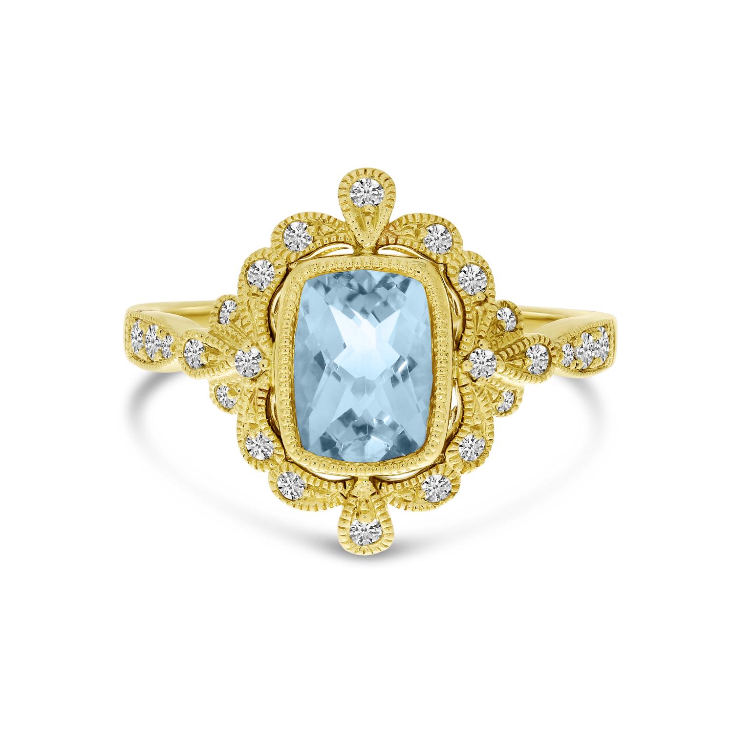 14K Yellow Gold Aquamarine Cushion with Diamond Milgrain Ring