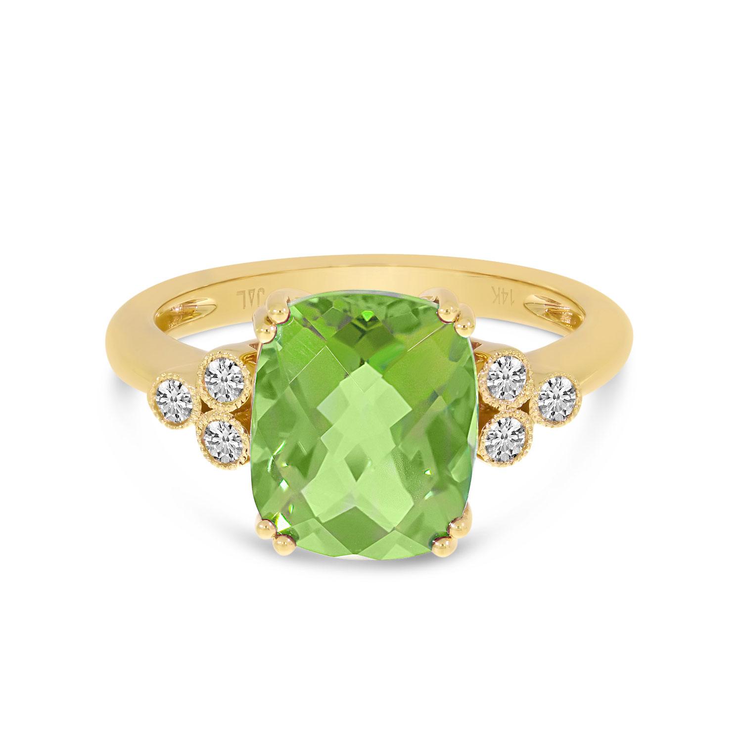 14K Yellow Gold Cushion Peridot & Diamond Millgrain Ring