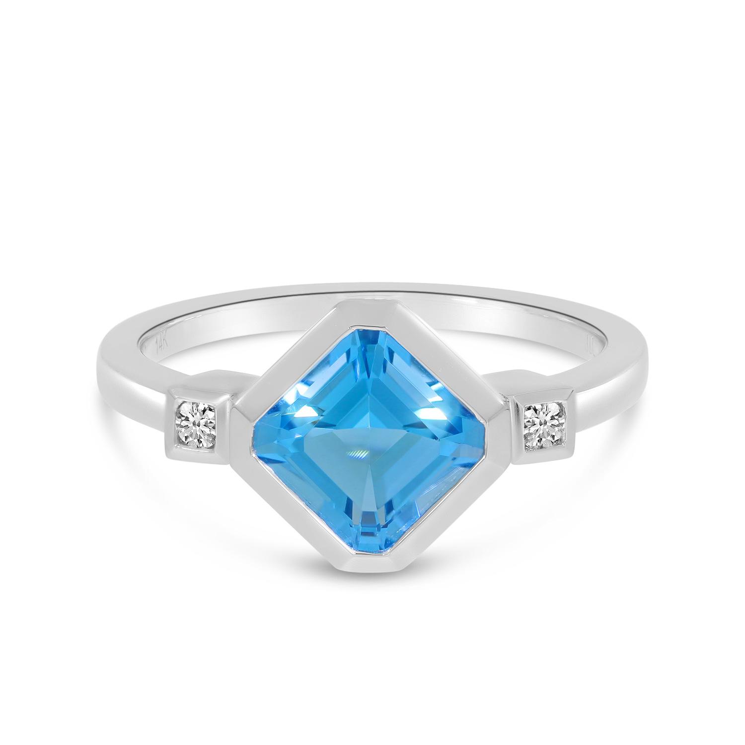 14K White Gold Square Blue Topaz and Diamond Ring