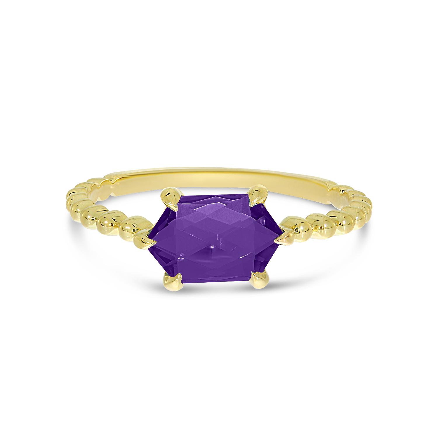 14K Yellow Gold Hexagon Amethyst Beaded Ring