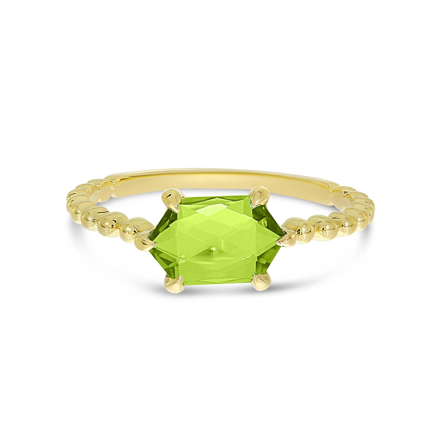 14K Yellow Gold Hexagon Peridot Beaded Ring