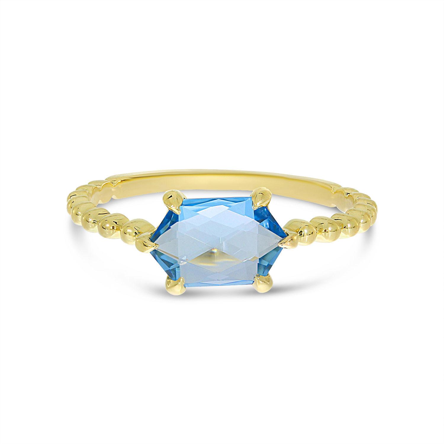 14K Yellow Gold Hexagon Blue Topaz Beaded Ring