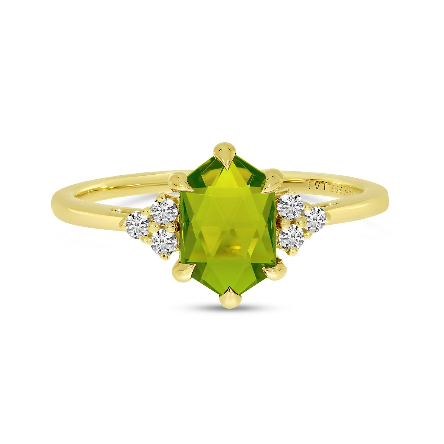 14K Yellow Gold Hexagon Peridot and Diamond Ring