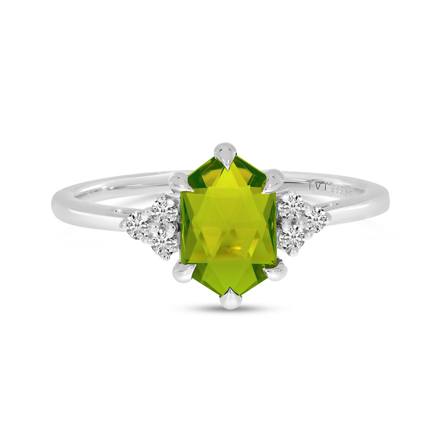 14K White Gold Hexagon Peridot and Diamond Ring