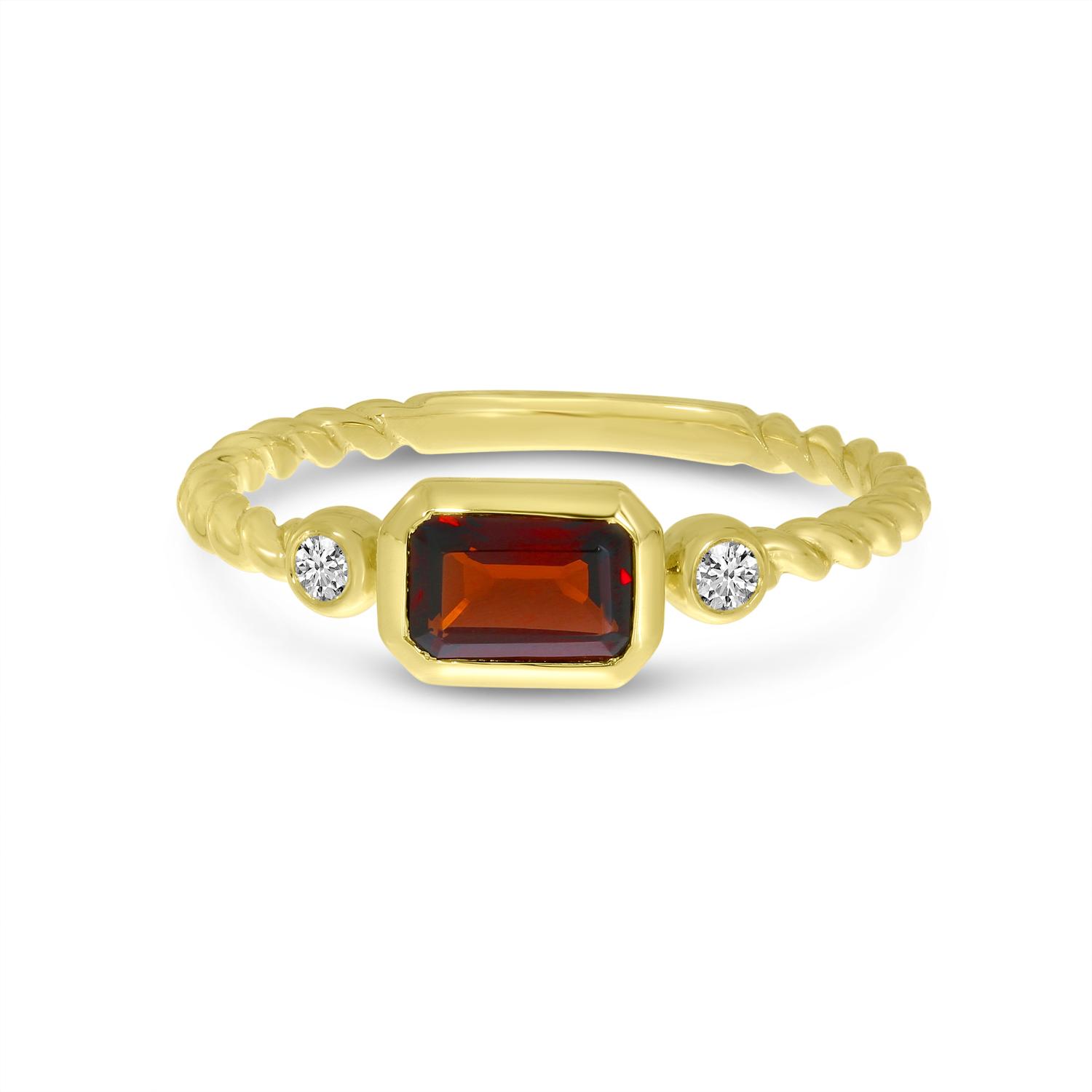 14K Yellow Gold Octagon Garnet and Diamond East to West Ring