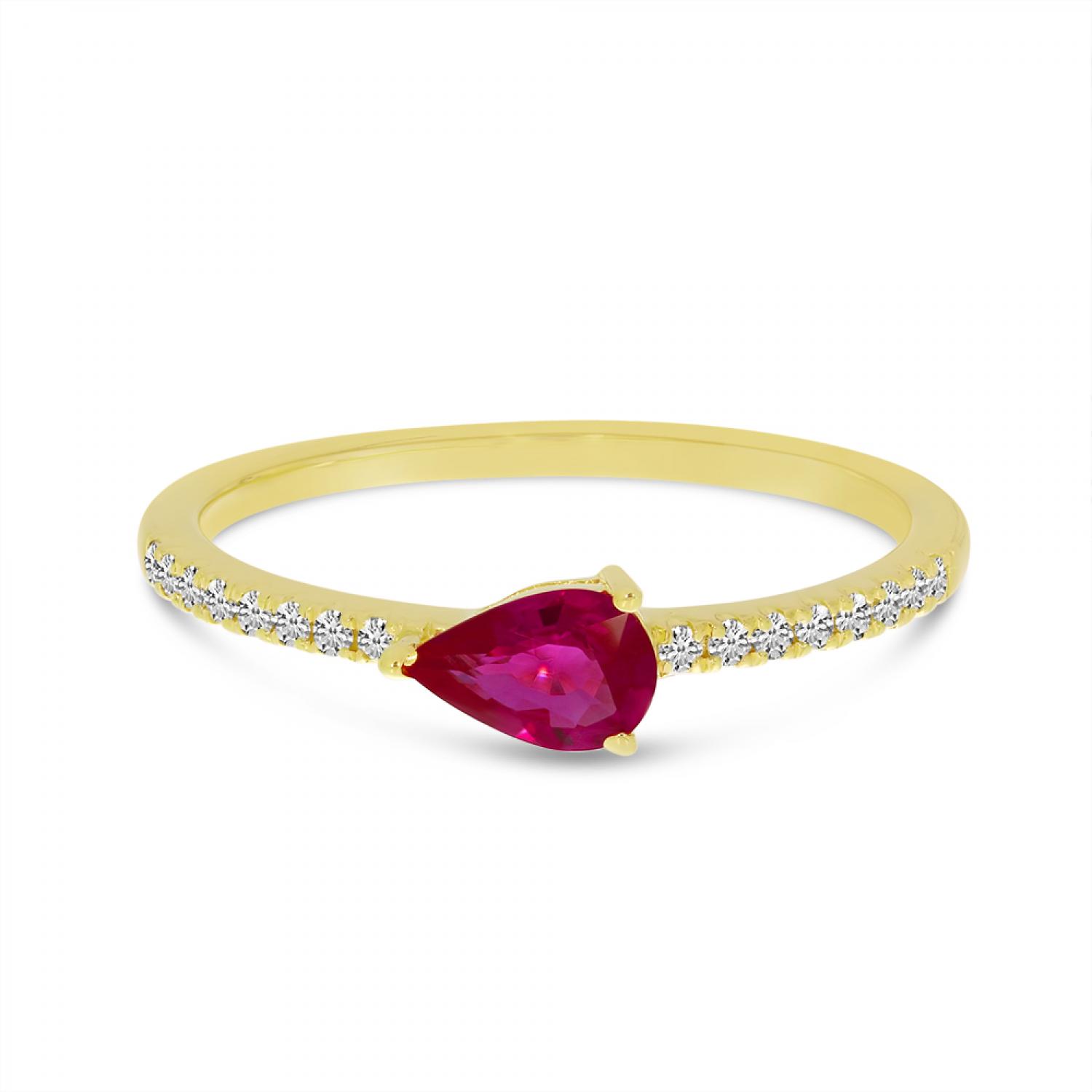 14K Yellow Gold Pear Ruby and Diamond East to West Ring