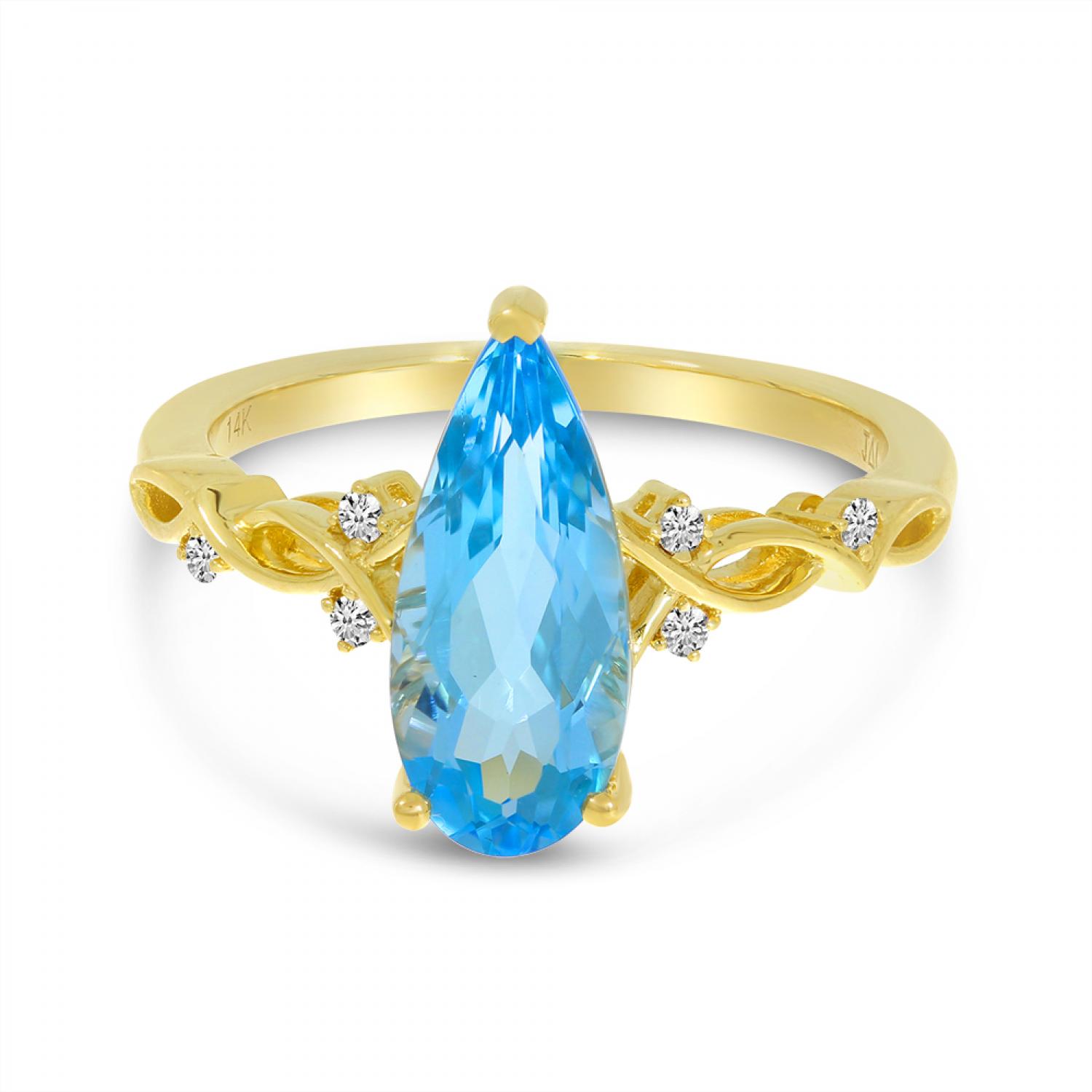 14K Yellow Gold Pear Blue Topaz and Diamond Ring