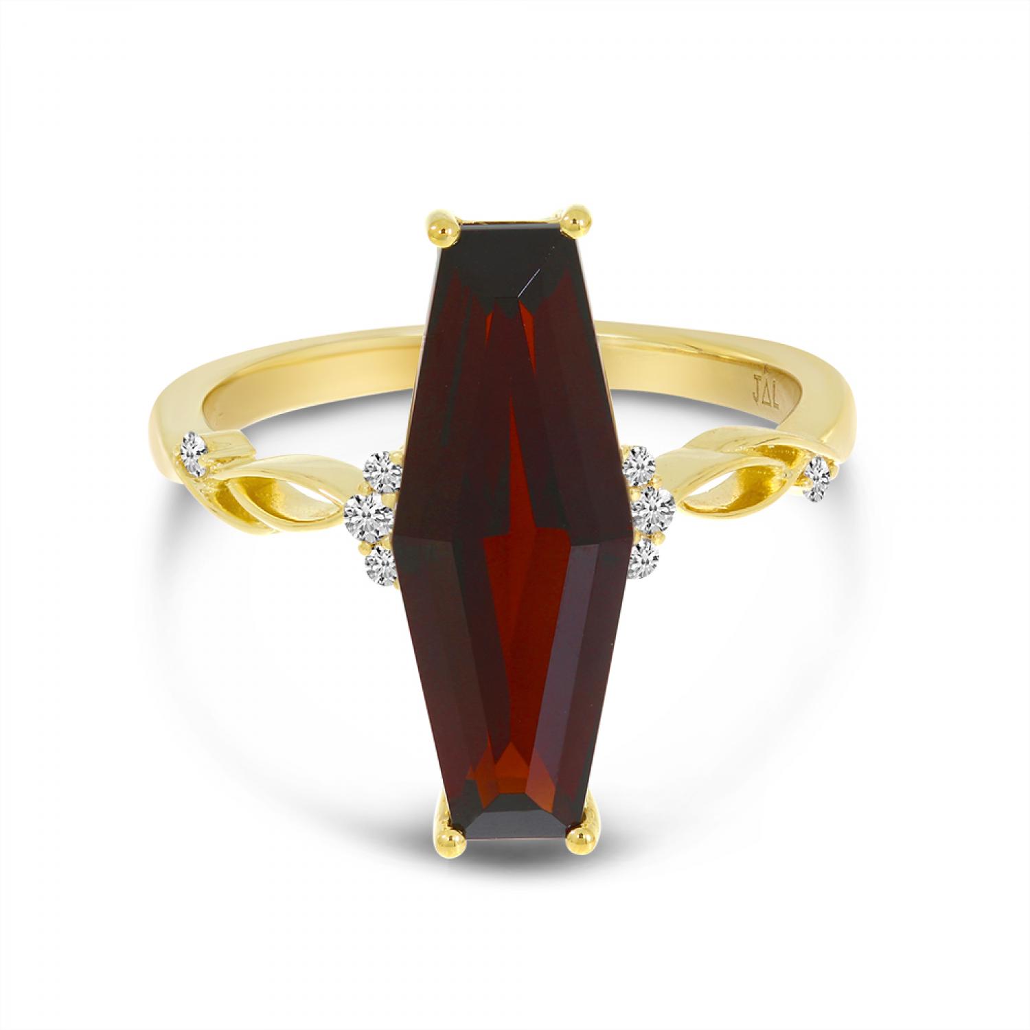 14K Yellow Gold Elongated Hexagon Garnet and  Diamond Ring