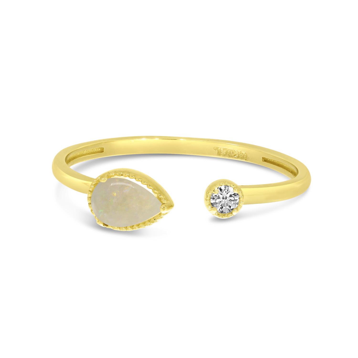 14K Yellow Gold Pear Opal with Round Diamond Duo Ring