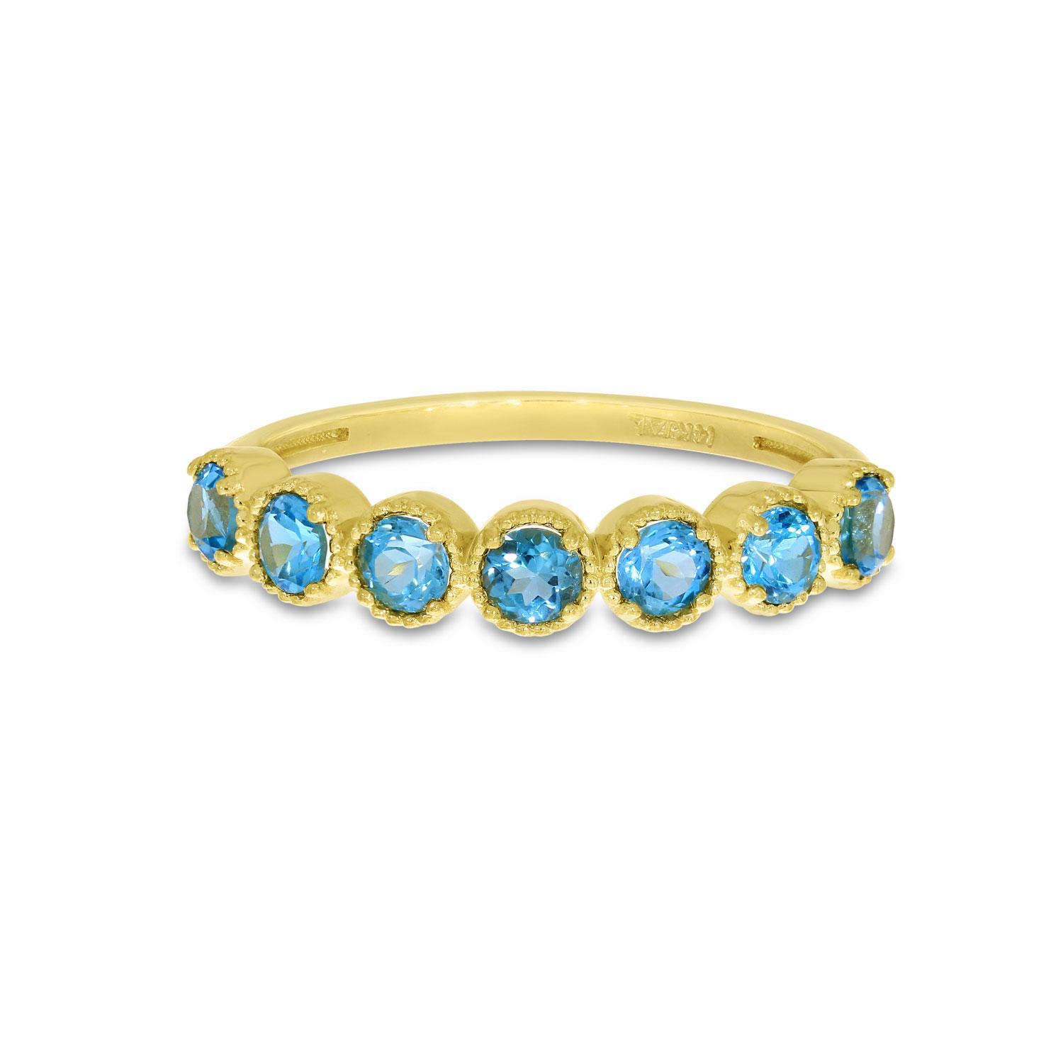 14K Yellow Gold Round Blue Topaz Millgrain Birthstone Band