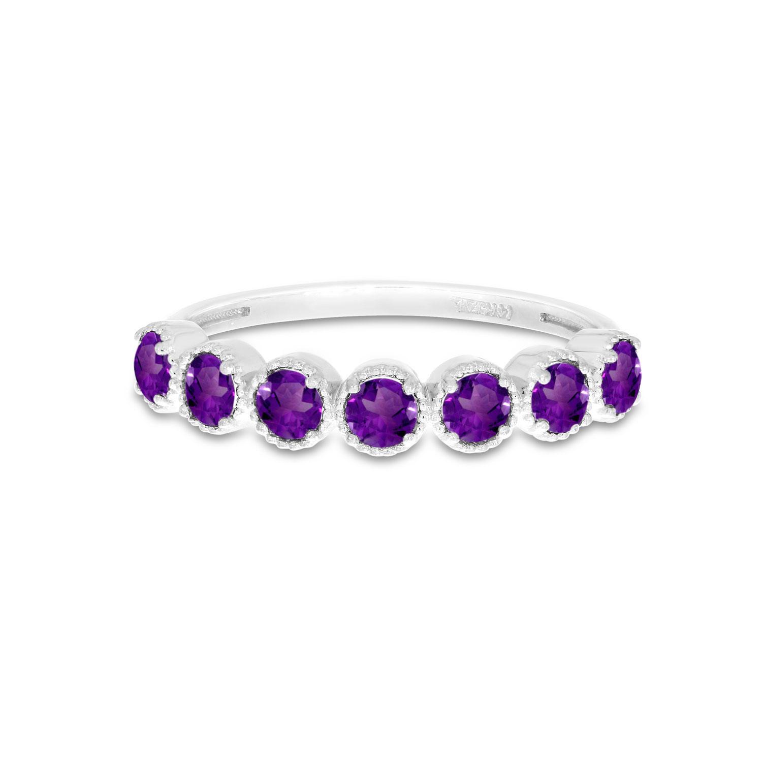 14K White Gold Round Amethyst Birthstone Bezel Band