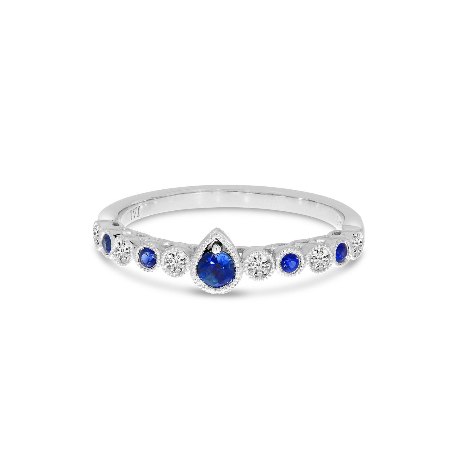 14K White Gold Round Sapphire and Diamond Pear Millgrain Ring